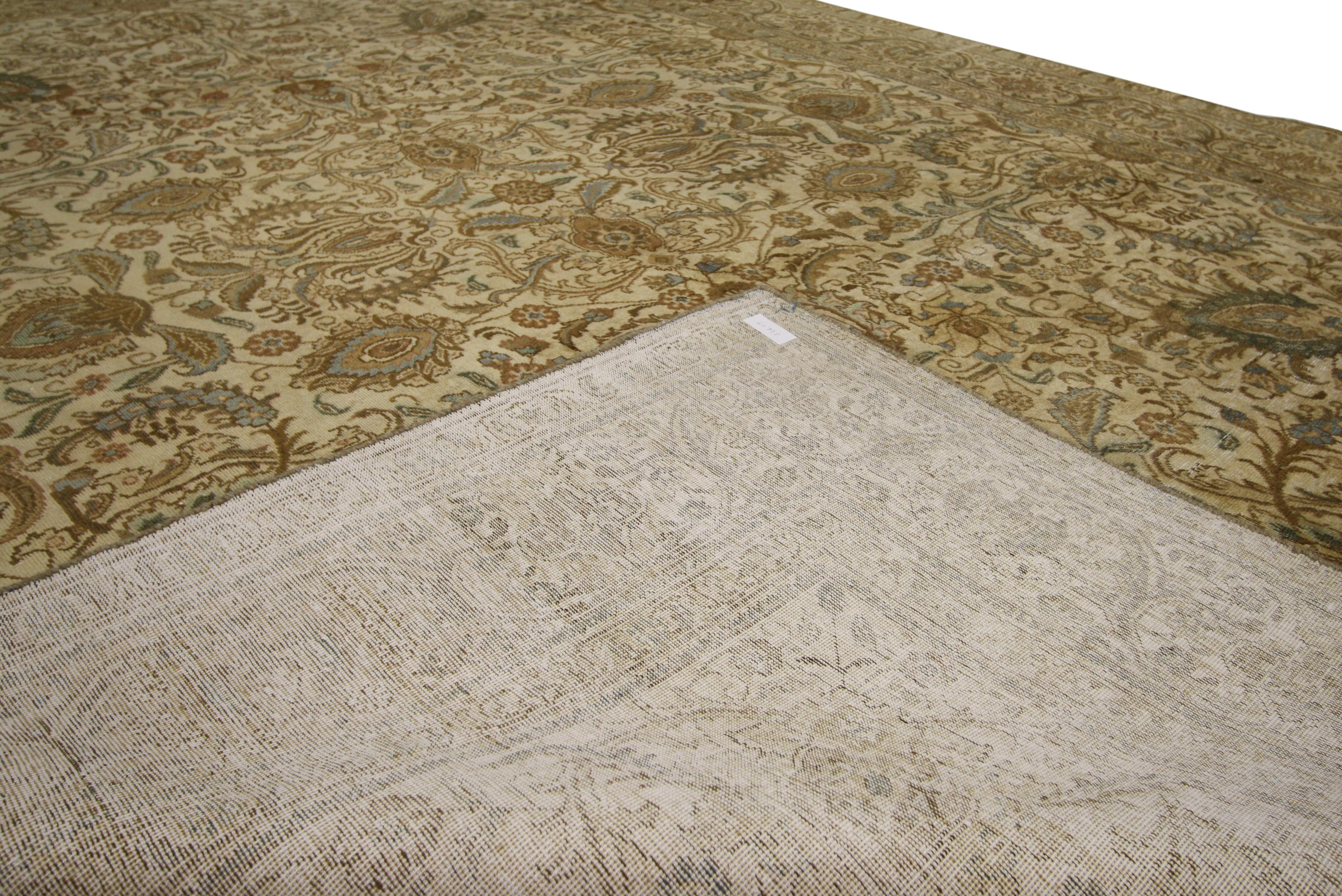 Distressed Vintage Tabriz Persian Rug with Warm, Neutral Colors In Distressed Condition In Dallas, TX