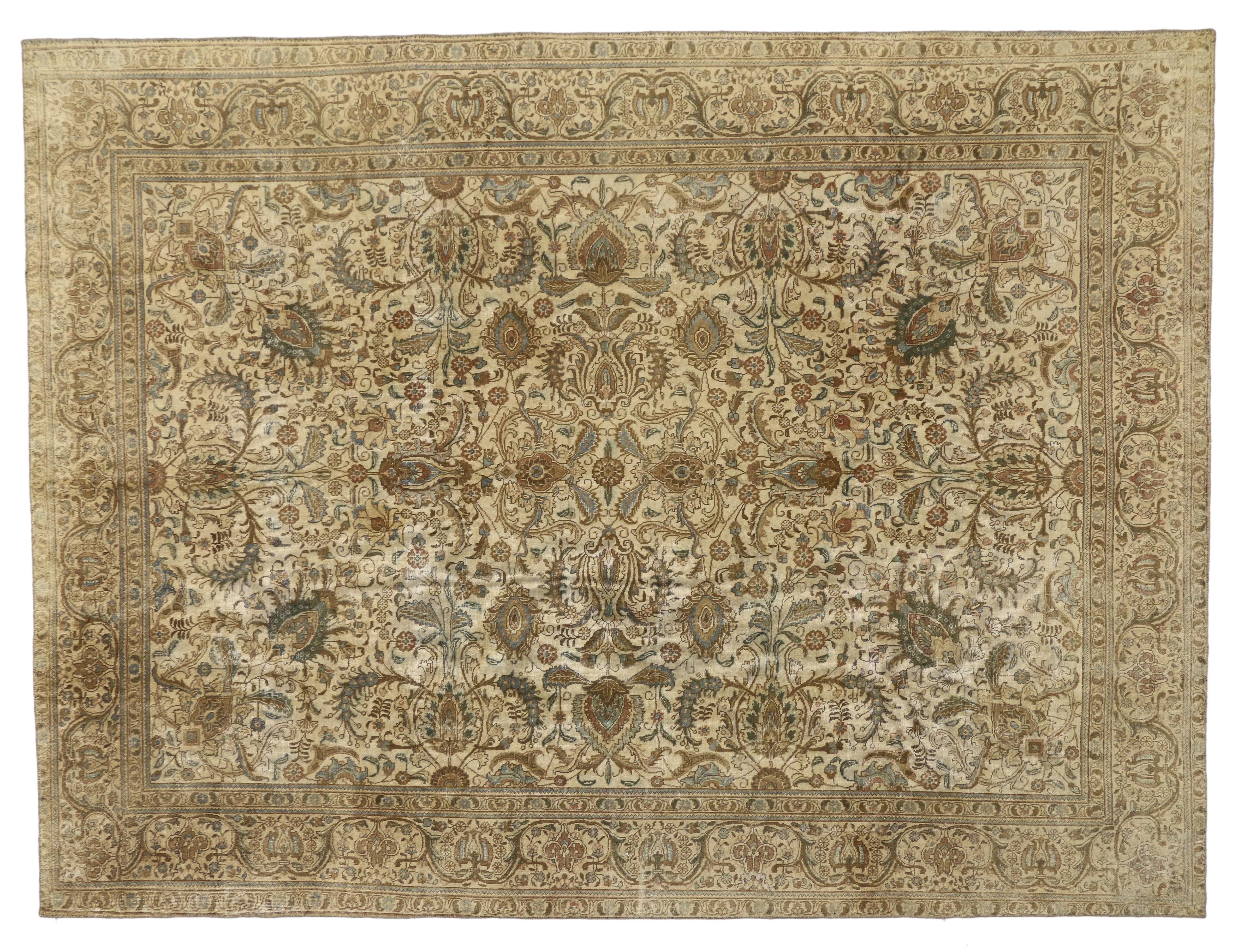 20th Century Distressed Vintage Tabriz Persian Rug with Warm, Neutral Colors