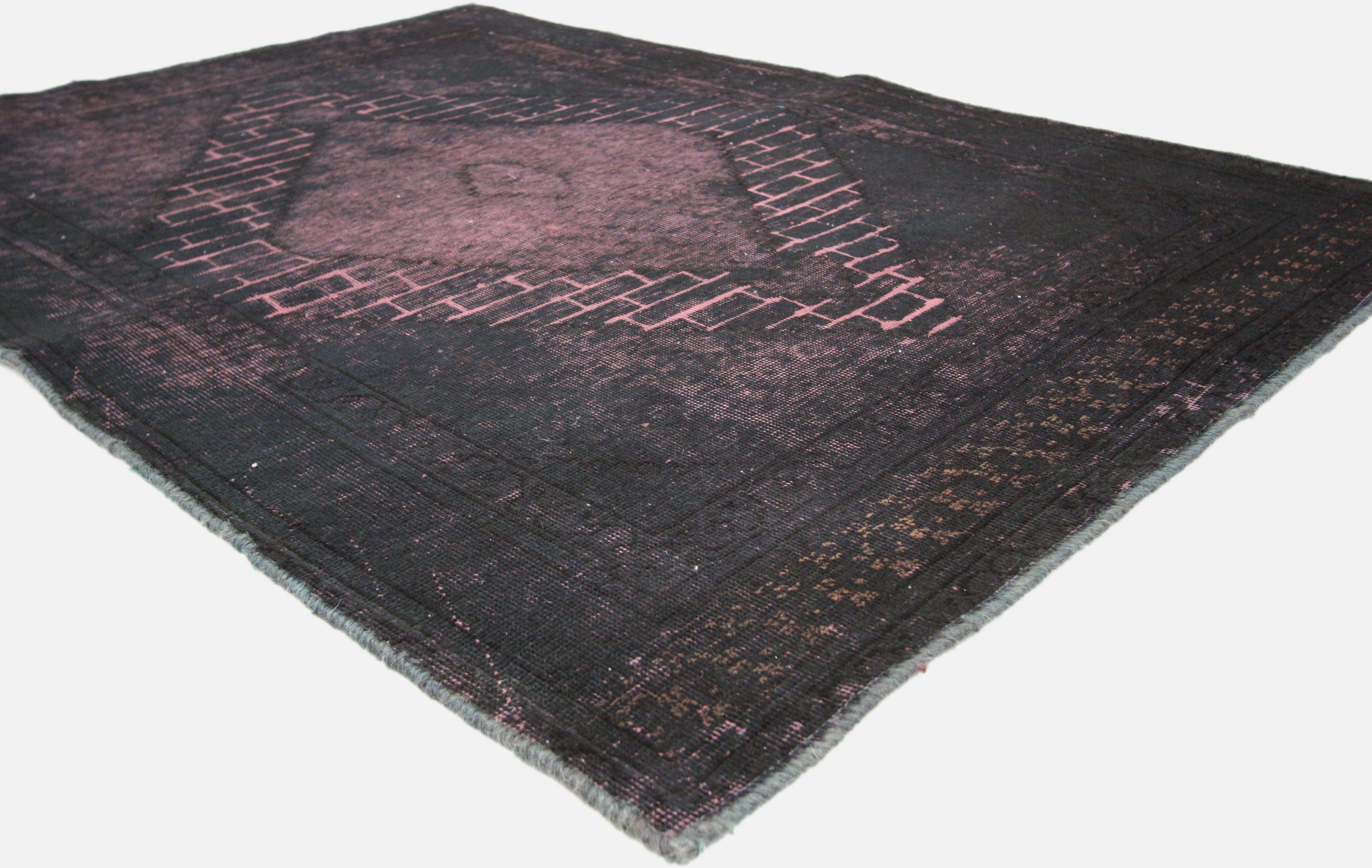 60736 Vintage Turkish Overdyed Rug, 04'02 x 05'11. 
Get ready to jazz up your floor game with this snazzy distressed overdyed vintage Turkish rug! It's not just a rug; it's a wild ride of style, with a personality that's bolder than a disco ball.