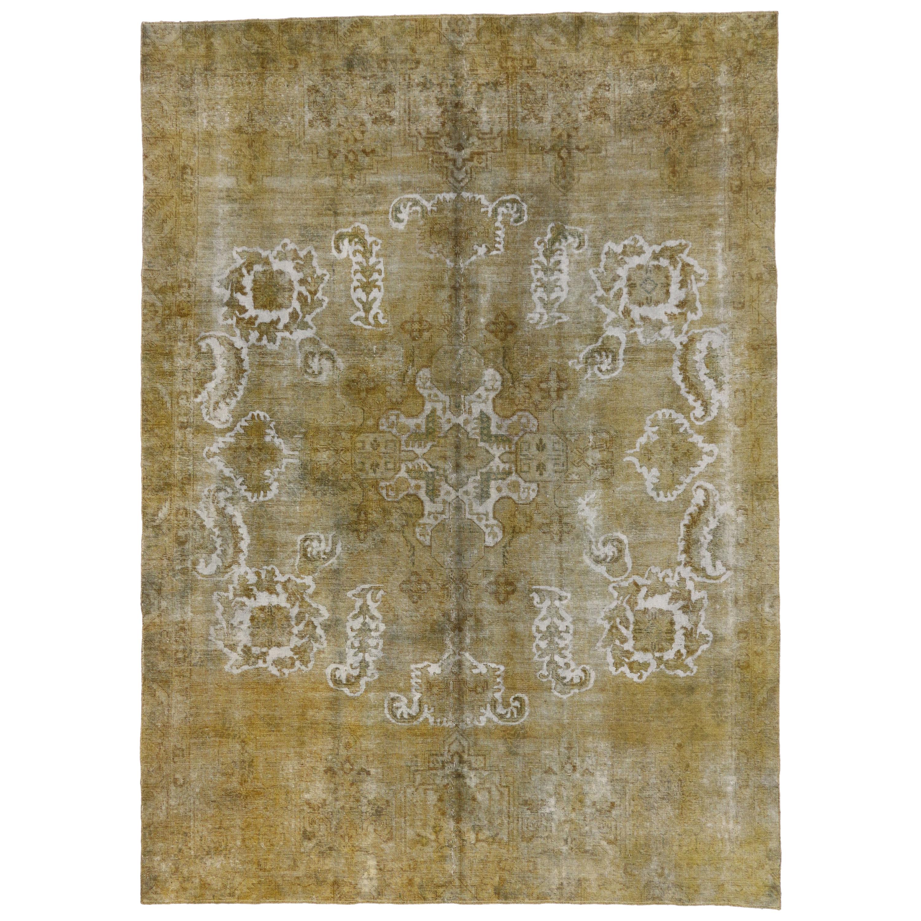 Distressed Vintage Turkish Rug with Earth-Tone Colors and Chippendale ...