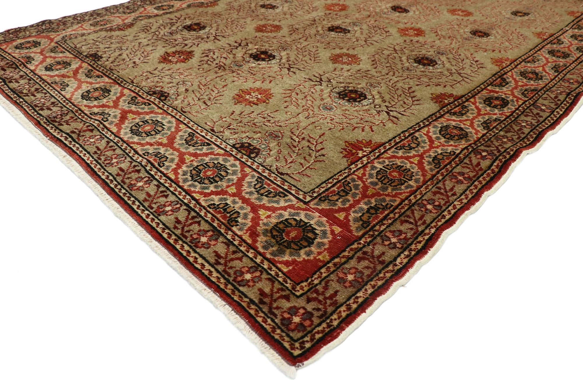 52774, distressed vintage Turkish Kayseri rug with rustic Artisan style 04'00 x 06'02. Traditional and neoclassical in its symmetry, this hand knotted wool distressed vintage Turkish Kayseri rug astounds with its beauty and well-balanced