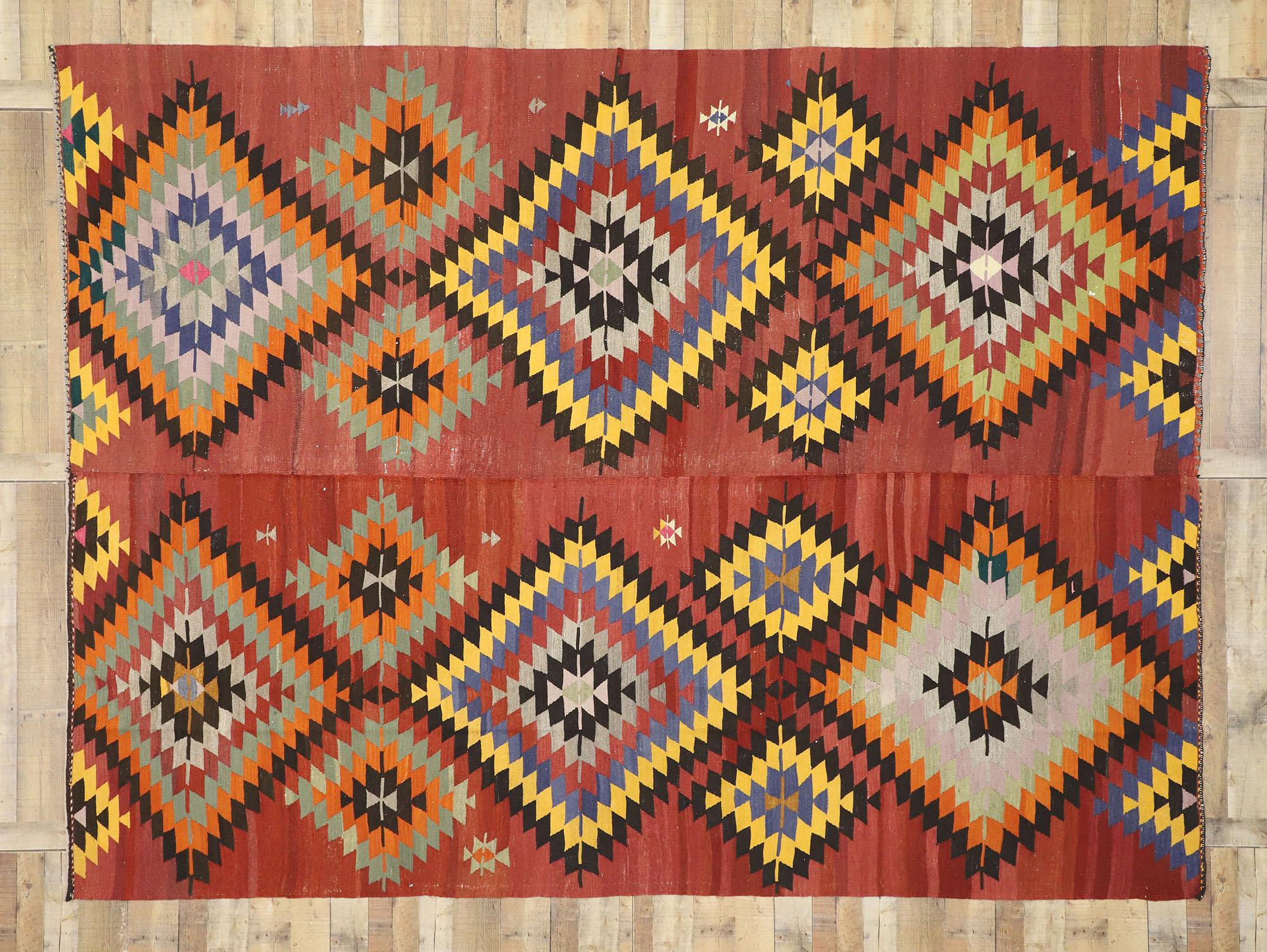 20th Century Distressed Vintage Turkish Kilim Area Rug with Aztec Southwest Navajo Style For Sale