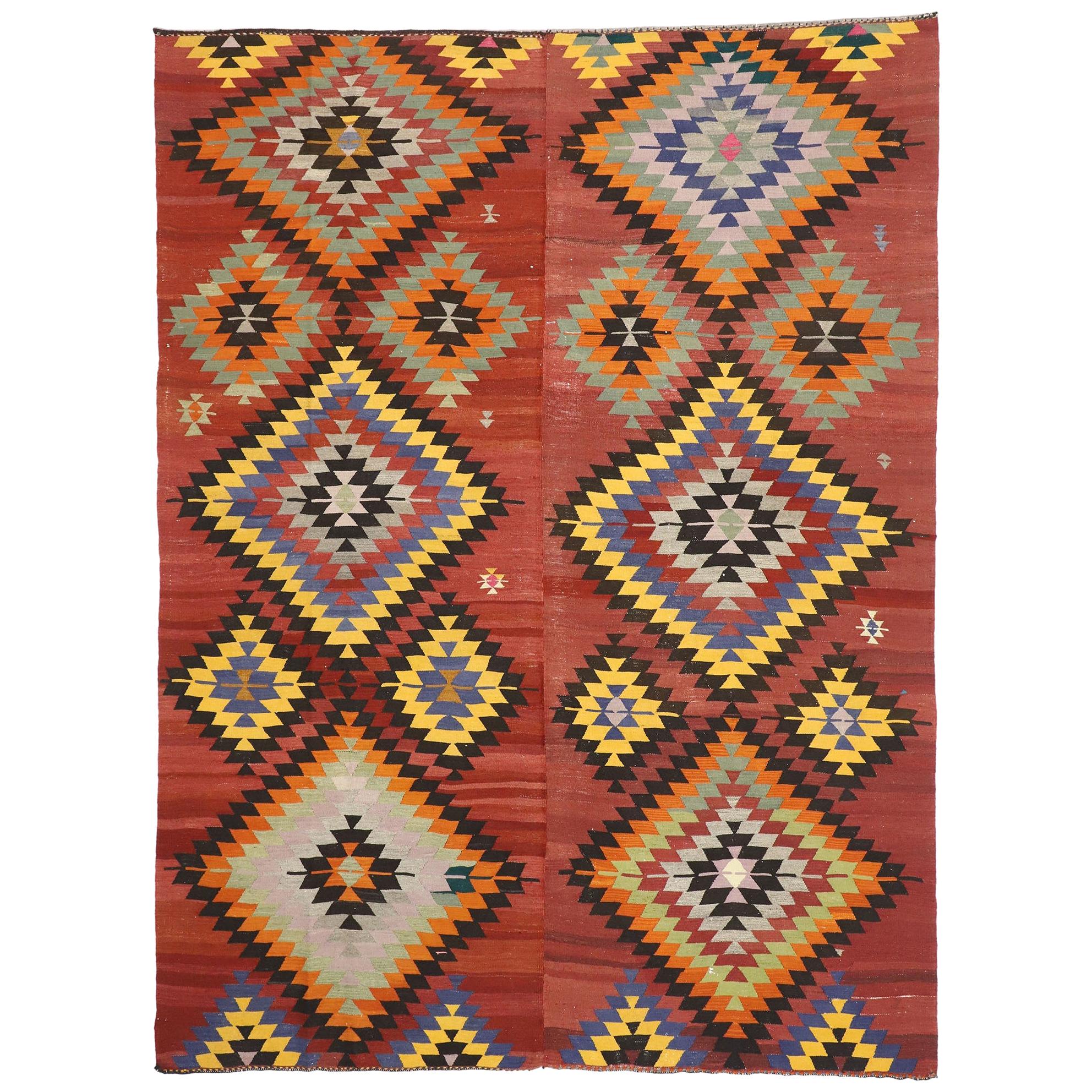 Distressed Vintage Turkish Kilim Area Rug with Aztec Southwest Navajo Style