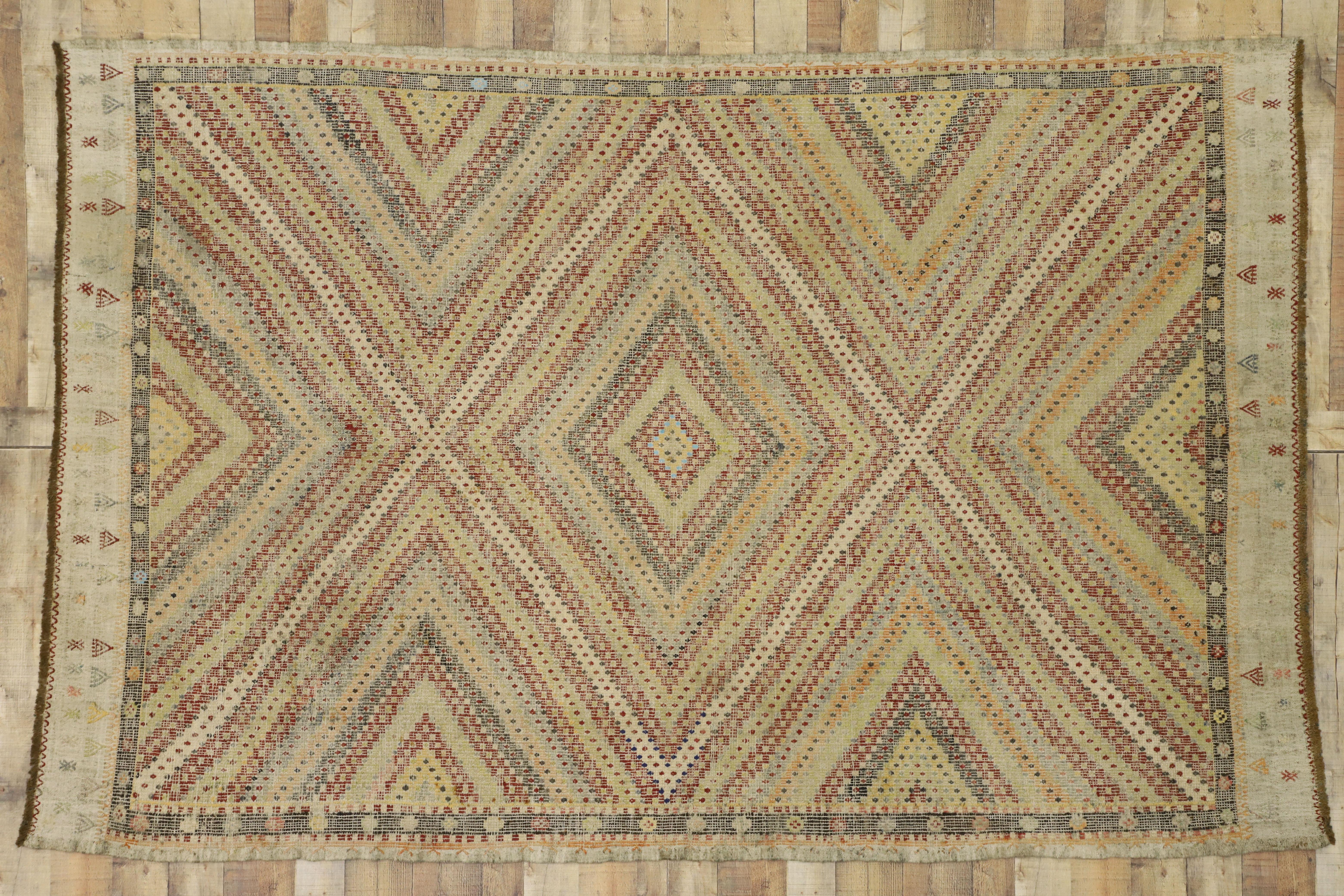 Distressed Vintage Turkish Kilim Rug with Southern Living British Colonial Style For Sale 1