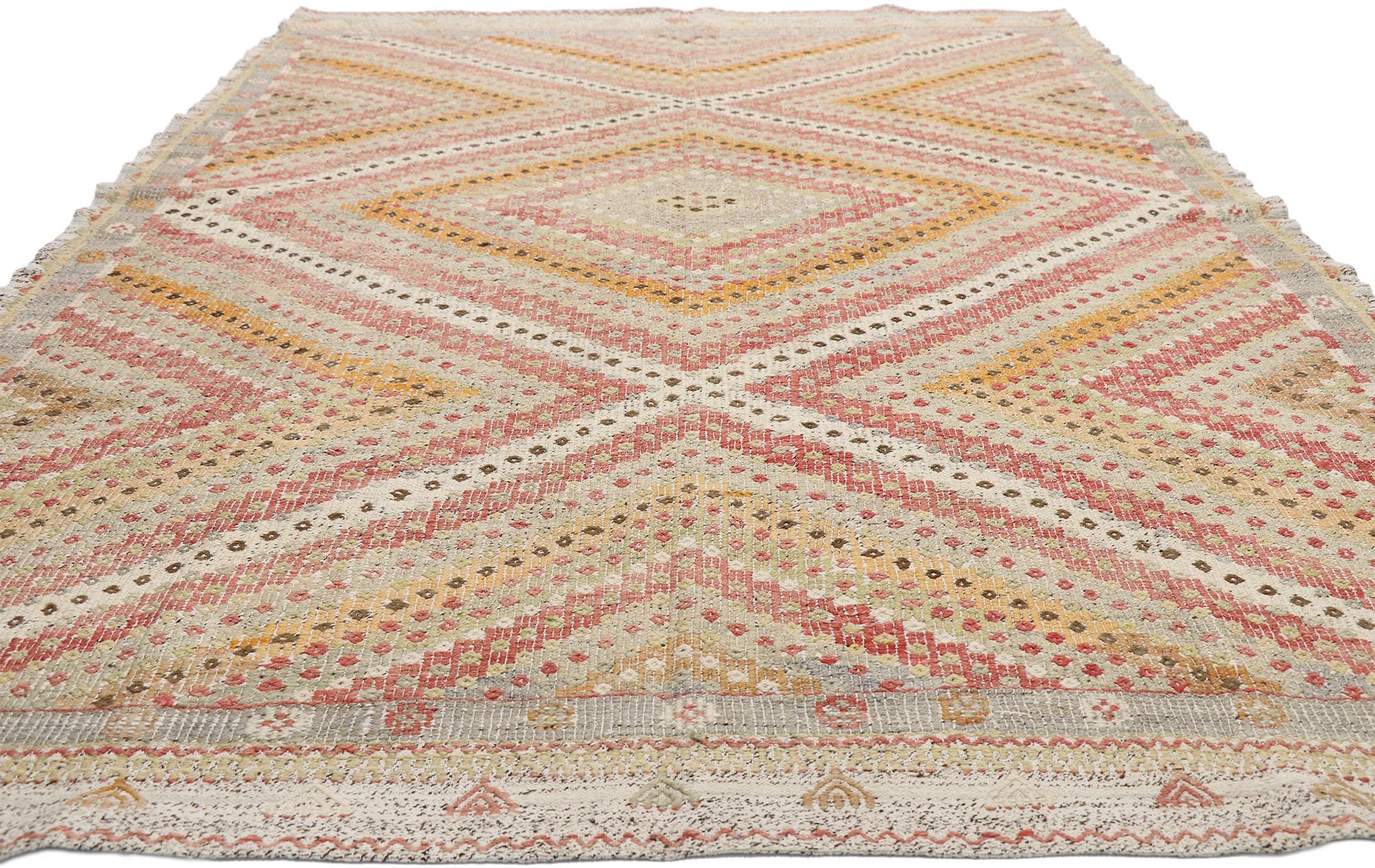 Hand-Woven Distressed Vintage Turkish Kilim Rug with Southern Living British Colonial Style For Sale