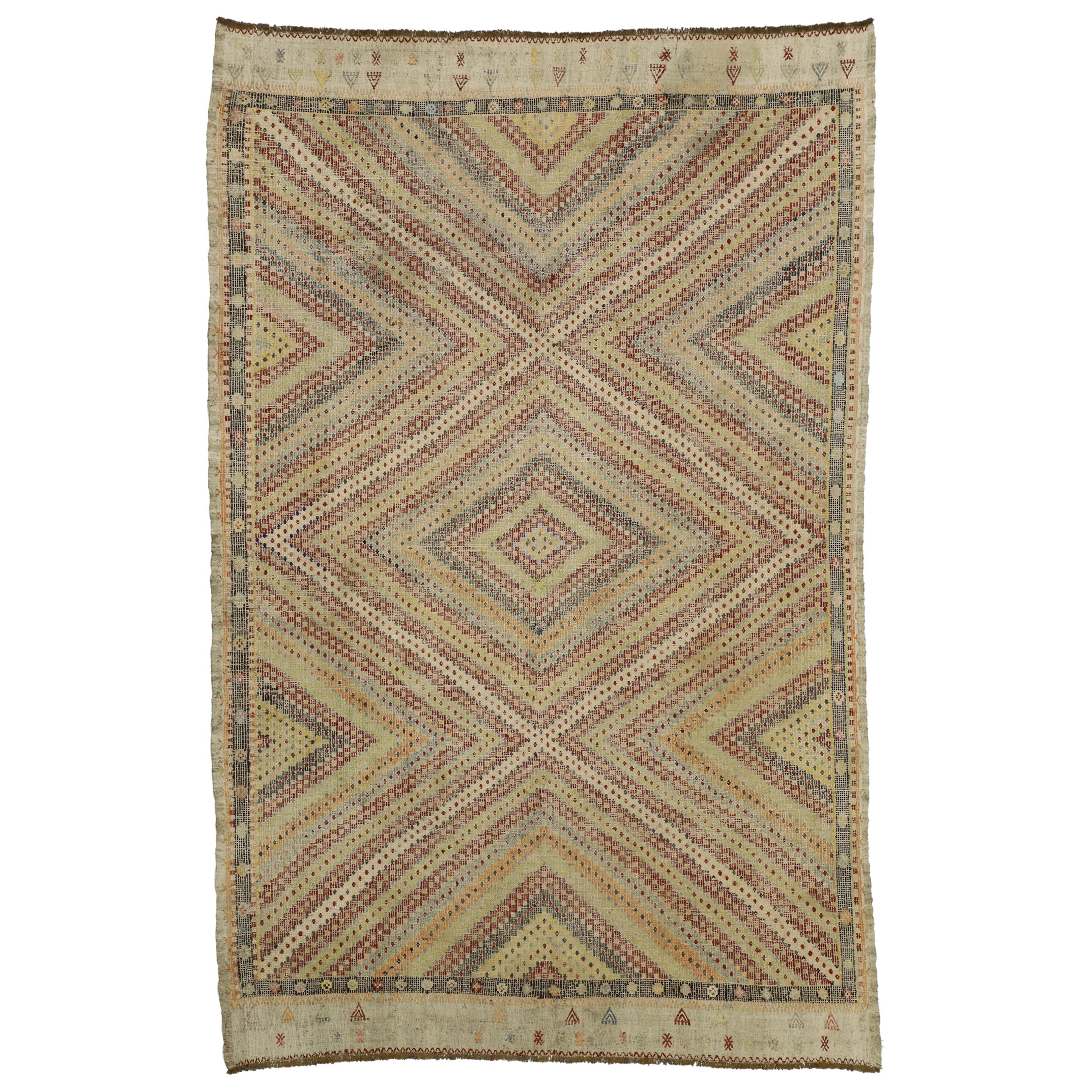 Distressed Vintage Turkish Kilim Rug with Southern Living British Colonial Style For Sale