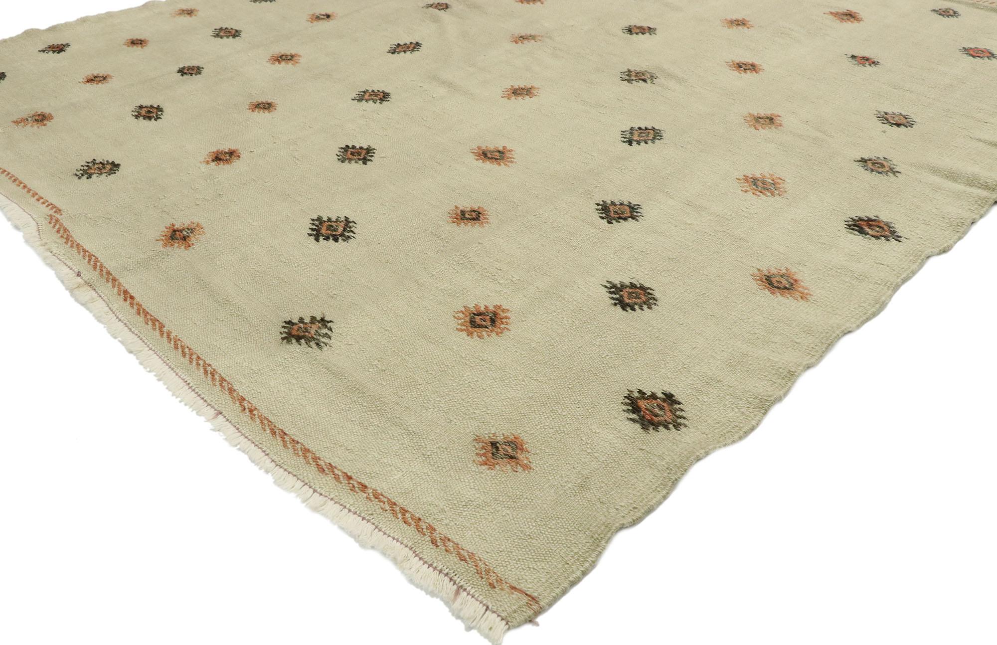 53119, distressed vintage Turkish Kilim rug with Southwestern Desert Tribal style. Tribal charm with rustic sensibility, this handwoven wool distressed vintage Turkish Kilim rug beautifully showcases a southwestern desert style. The composition is