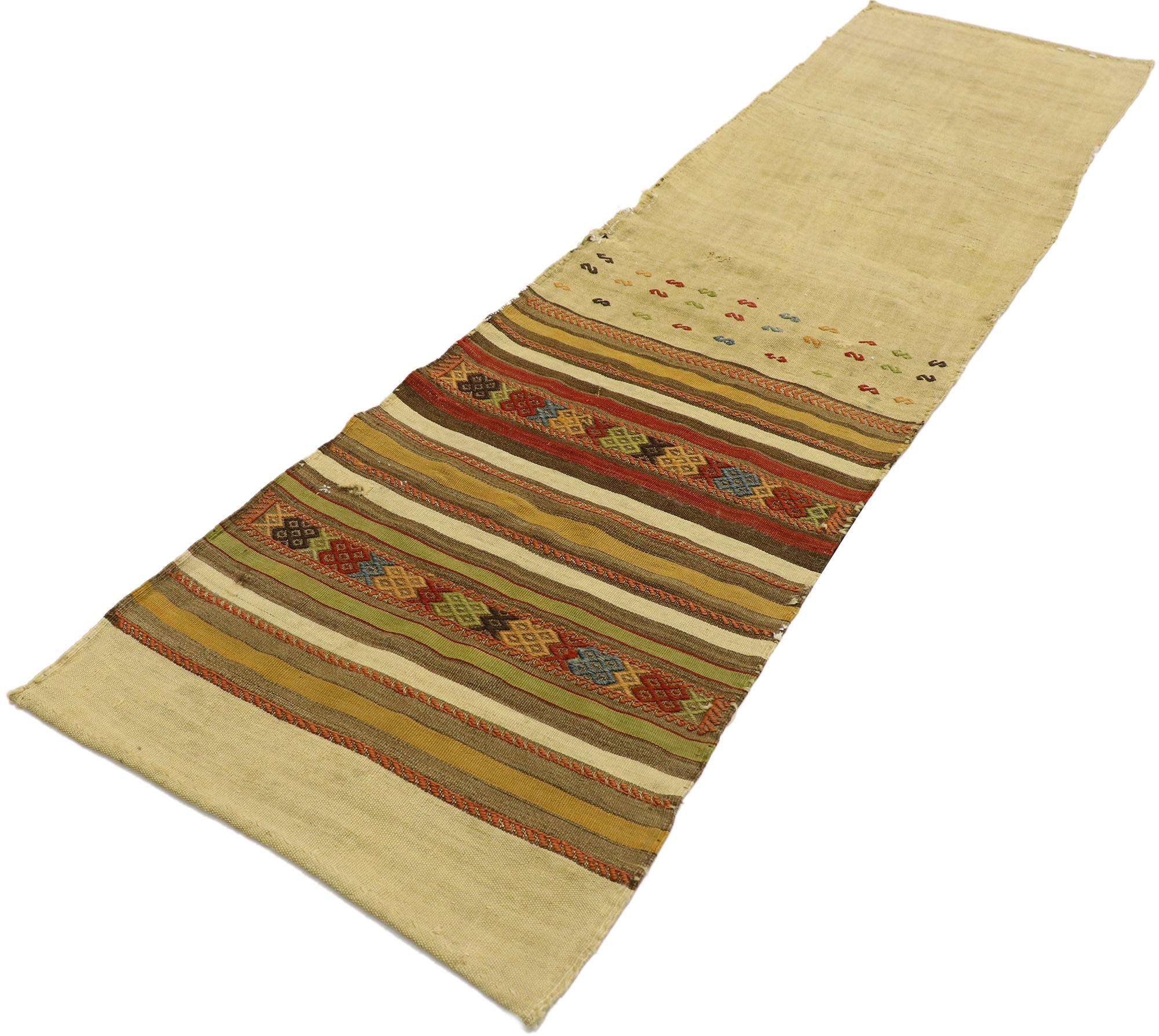 53139 distressed vintage Turkish Kilim runner with Rustic Southwestern Desert style. Native charm with rustic sensibility, this hand-woven wool distressed vintage Turkish kilim runner beautifully showcases a southwestern desert style. The