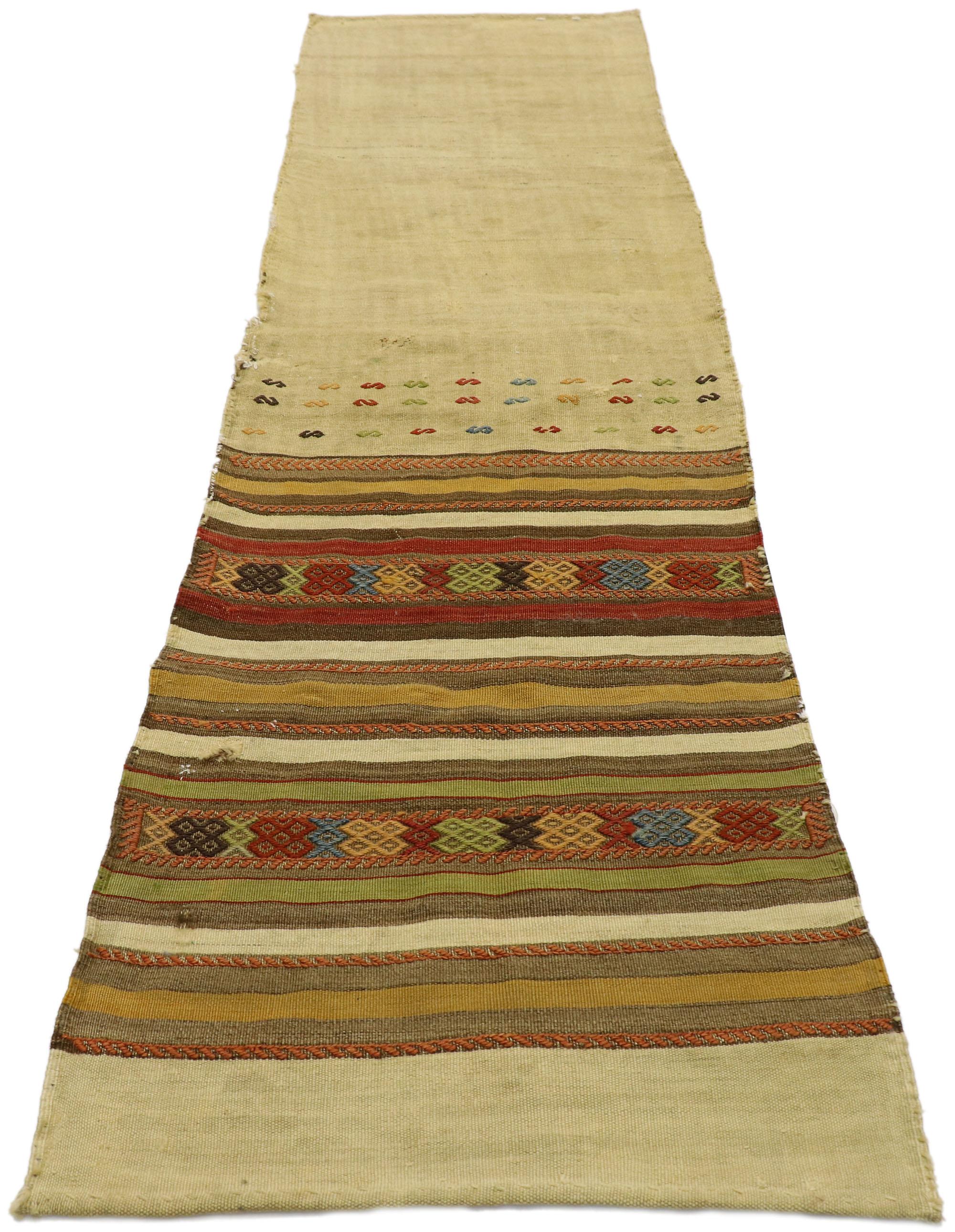 Distressed Vintage Turkish Kilim Runner with Rustic Southwestern Desert Style In Distressed Condition In Dallas, TX