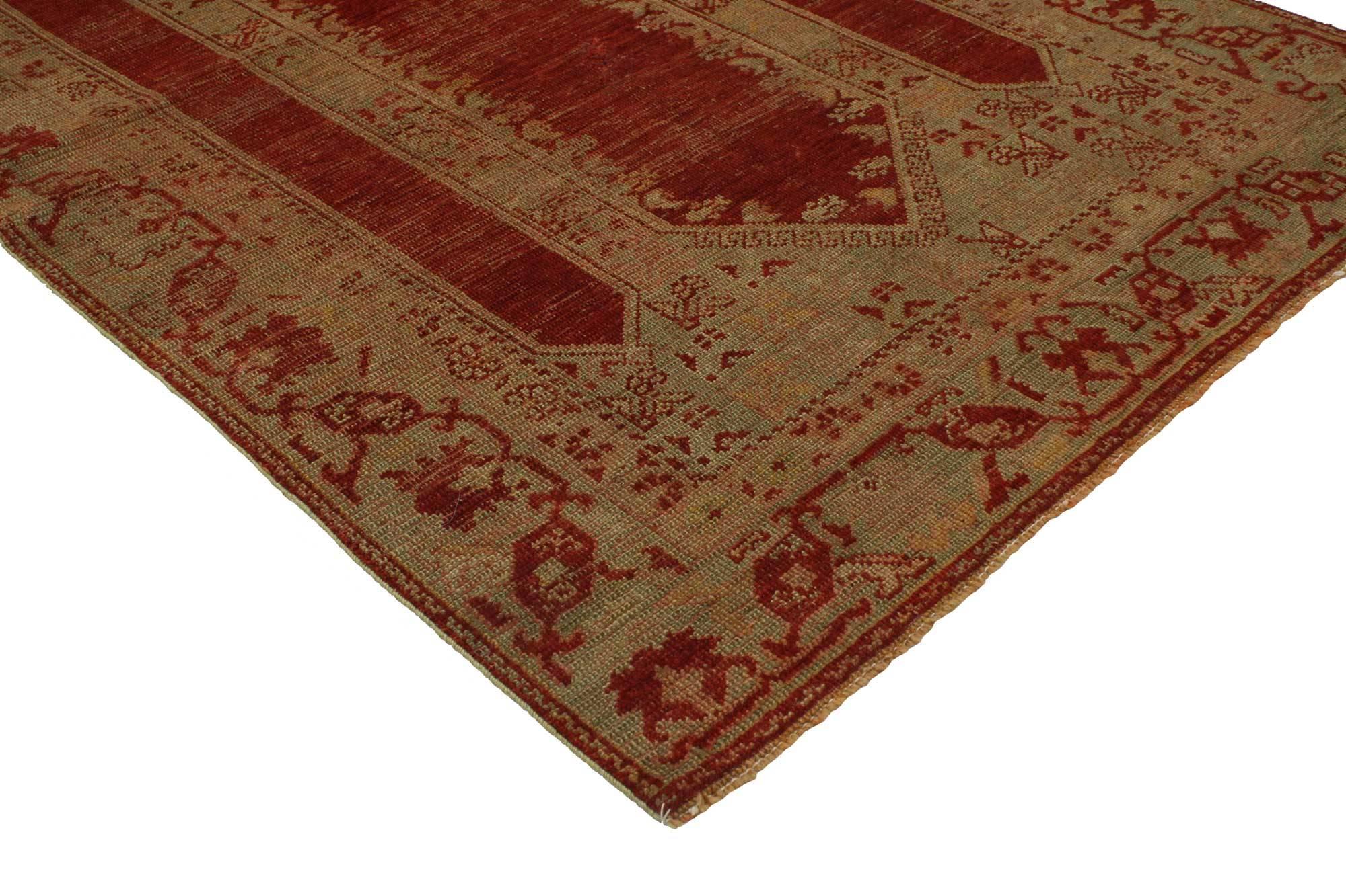 51696 Distressed Vintage Turkish Prayer Rug with Triple Arch Niche Design 03'05 x 05'08. This hand knotted wool distressed vintage Turkish prayer rug features a triple arch design on a weathered and saturated ruby red backdrop. The middle mihrab