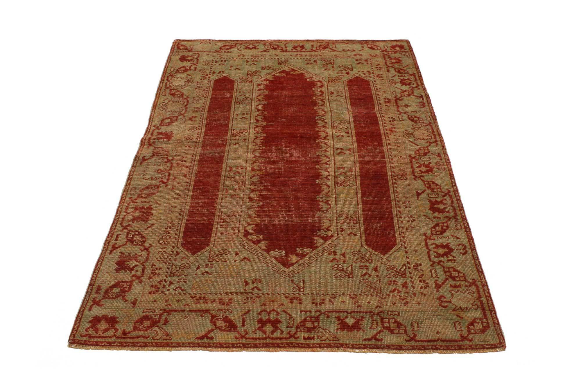 Rustic Distressed Vintage Turkish Ottoman Prayer Rug with Triple Arch Niche Design For Sale