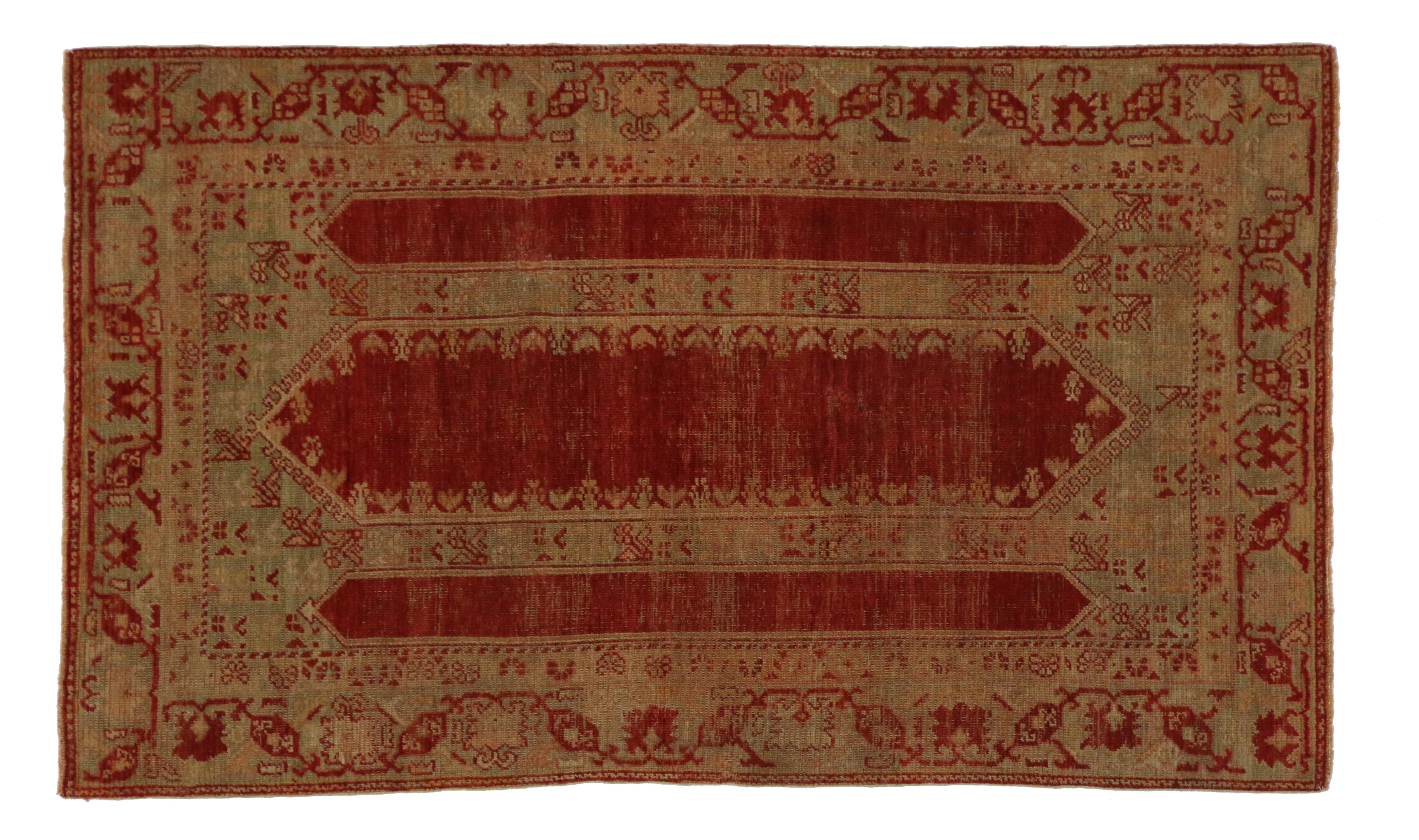 Hand-Knotted Distressed Vintage Turkish Ottoman Prayer Rug with Triple Arch Niche Design For Sale