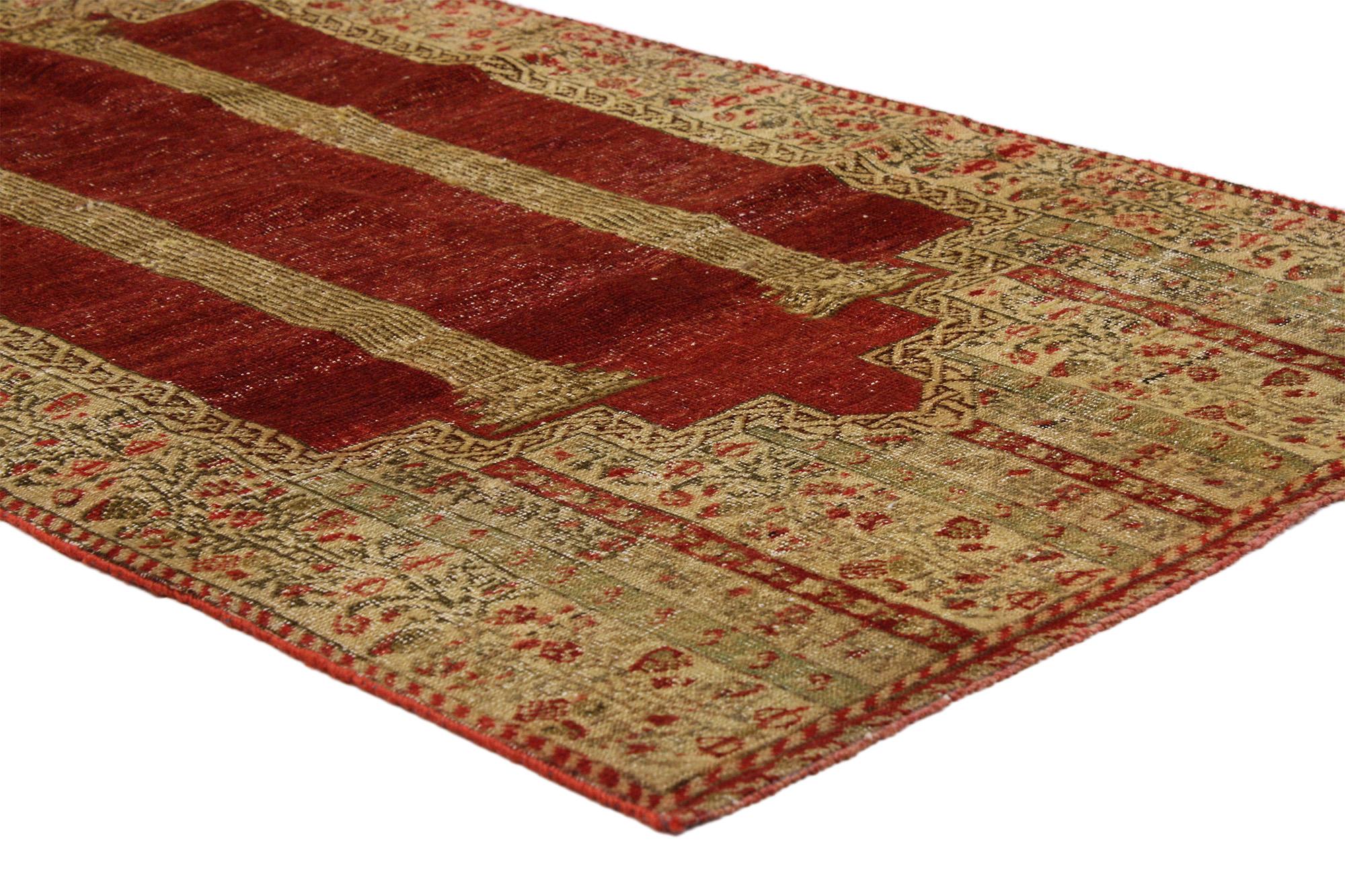 51566 Antique Turkish Prayer Rug, 02'05 x 04'06.

An exquisite fragment of Ottoman splendor, this hand-knotted wool antique Turkish prayer rug evokes the sacred hush of a bygone courtly devotion. Weathered by time, yet brimming with grace, the