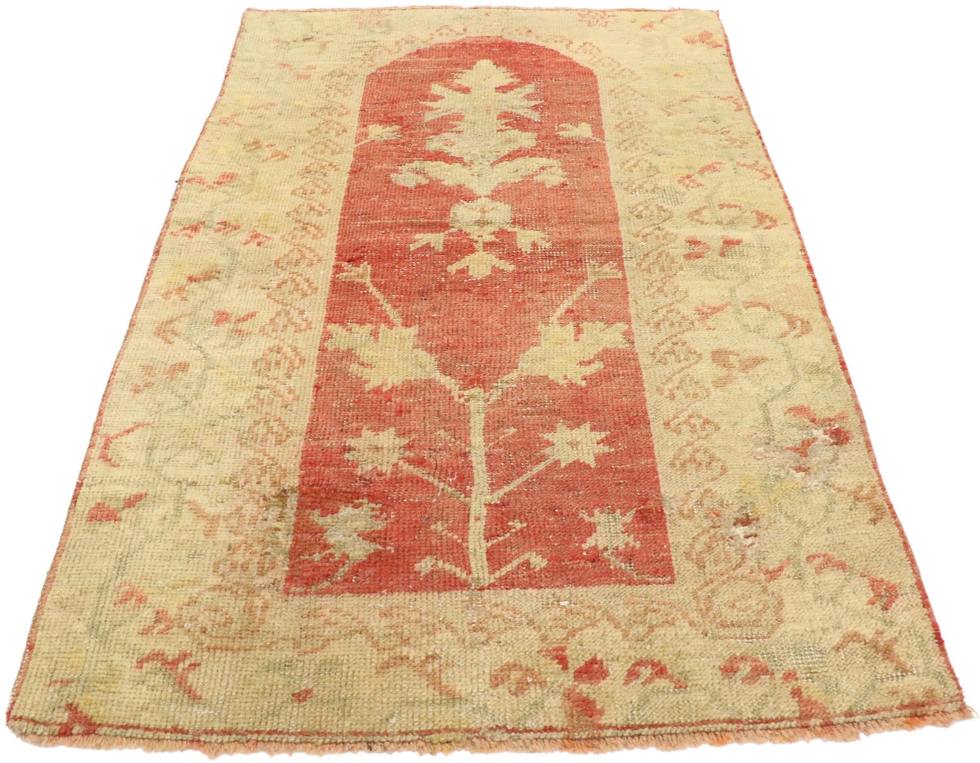 Islamic Distressed Vintage Turkish Oushak Accent Rug, Anatolian Prayer Rug For Sale