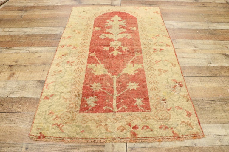 Wool Distressed Vintage Turkish Oushak Accent Rug, Anatolian Prayer Rug For Sale