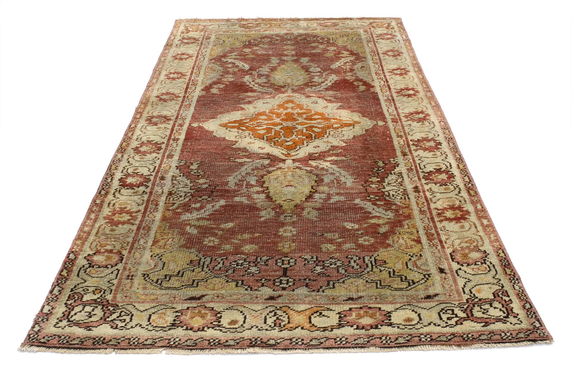 52084, distressed vintage Turkish Oushak Accent rug, entry or foyer rug. This vintage Turkish Oushak rug features a modern traditional style. Immersed in Anatolian history and refined colors, this vintage Oushak rug combines simplicity with