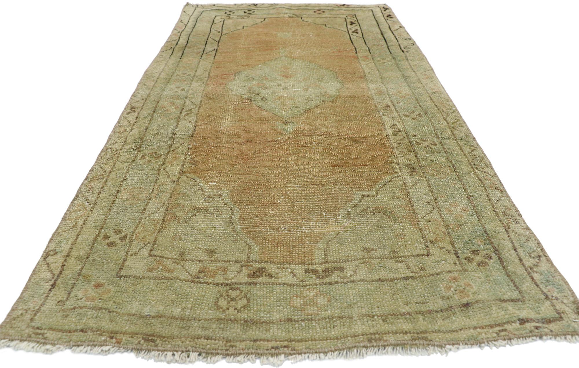 Hand-Knotted Distressed Vintage Turkish Oushak Accent Rug For Sale