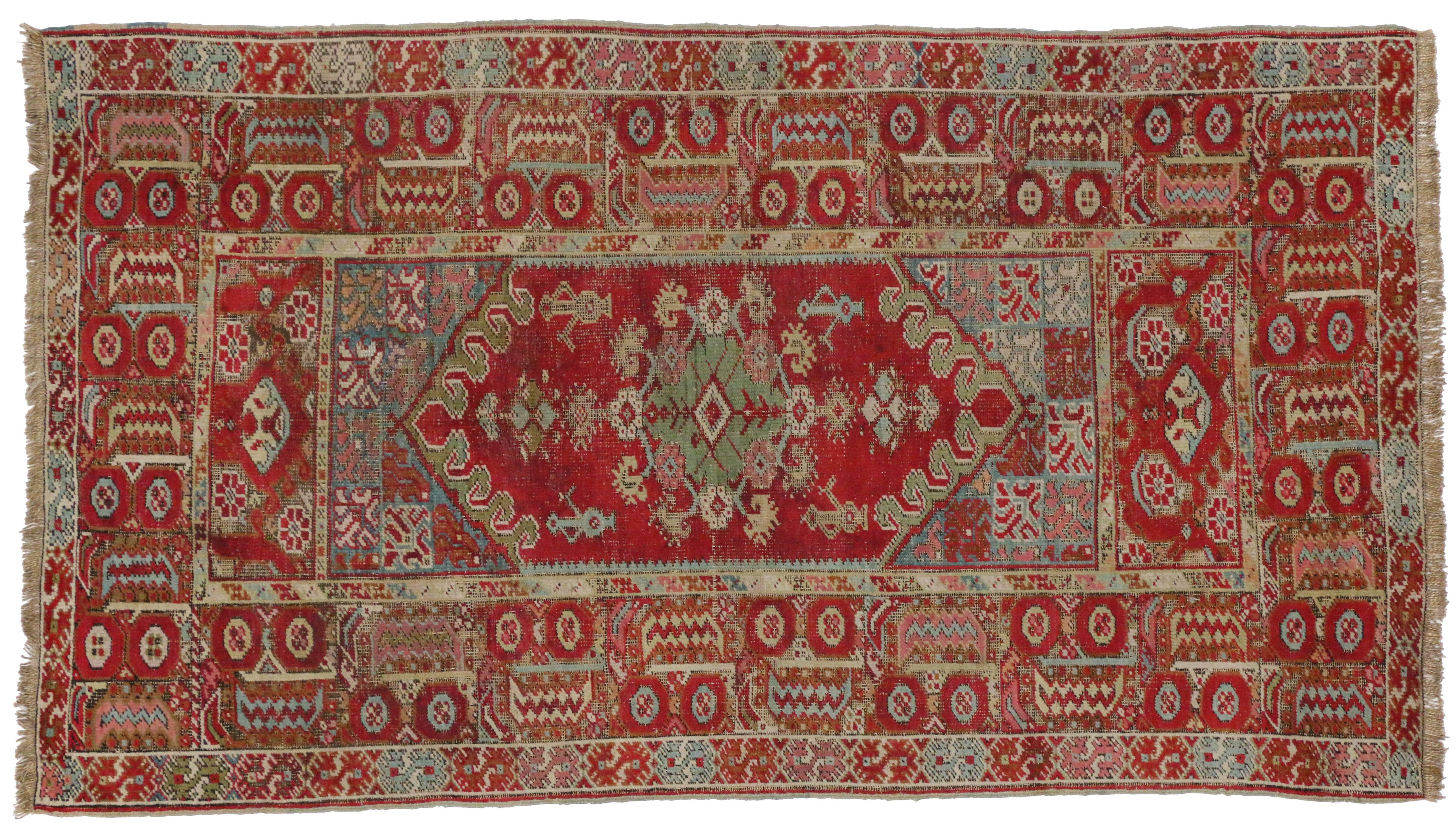 Wool Distressed Vintage Turkish Oushak Accent Rug with Industrial Tribal Style For Sale