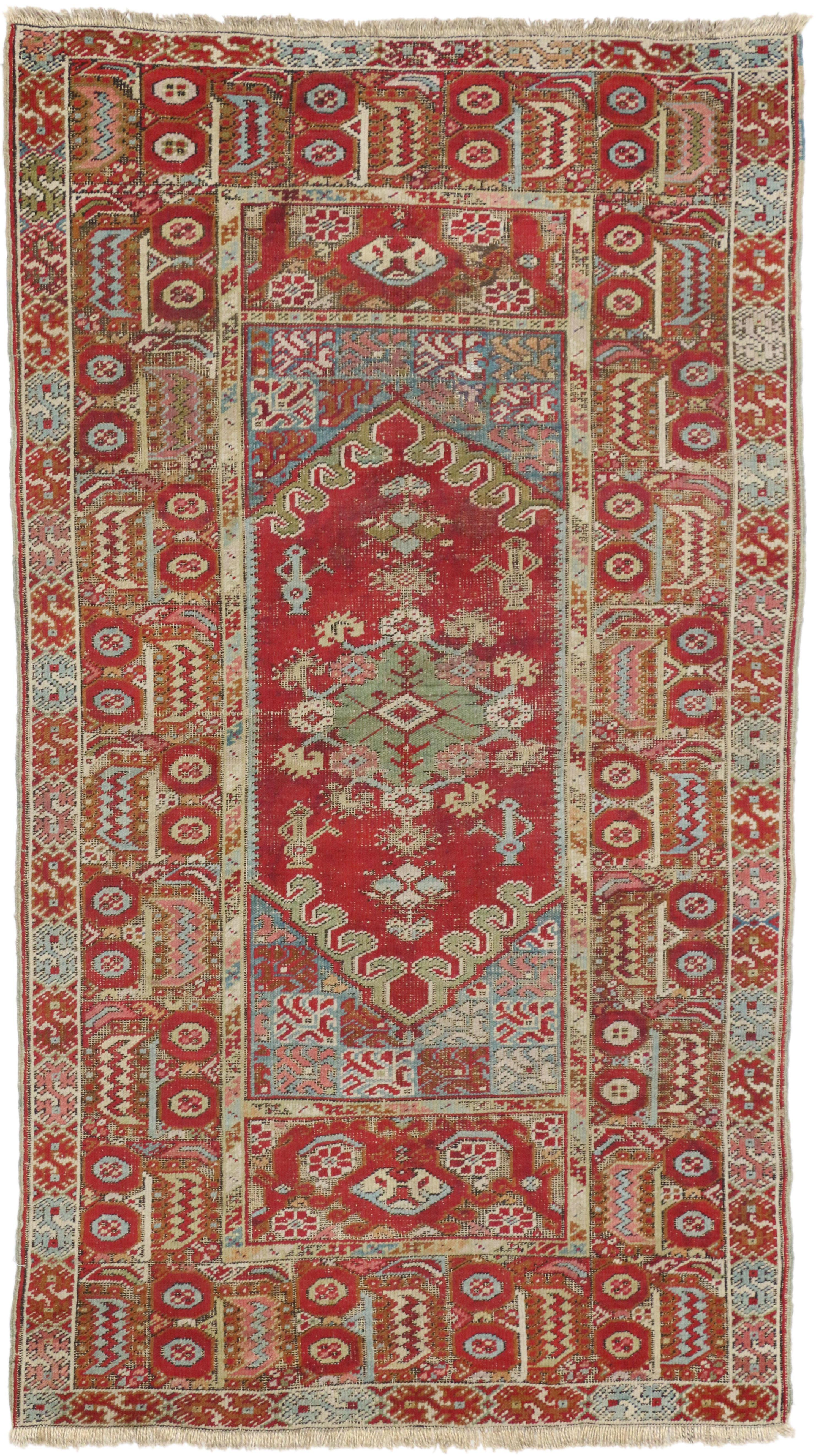 Distressed Vintage Turkish Oushak Accent Rug with Industrial Tribal Style For Sale 1