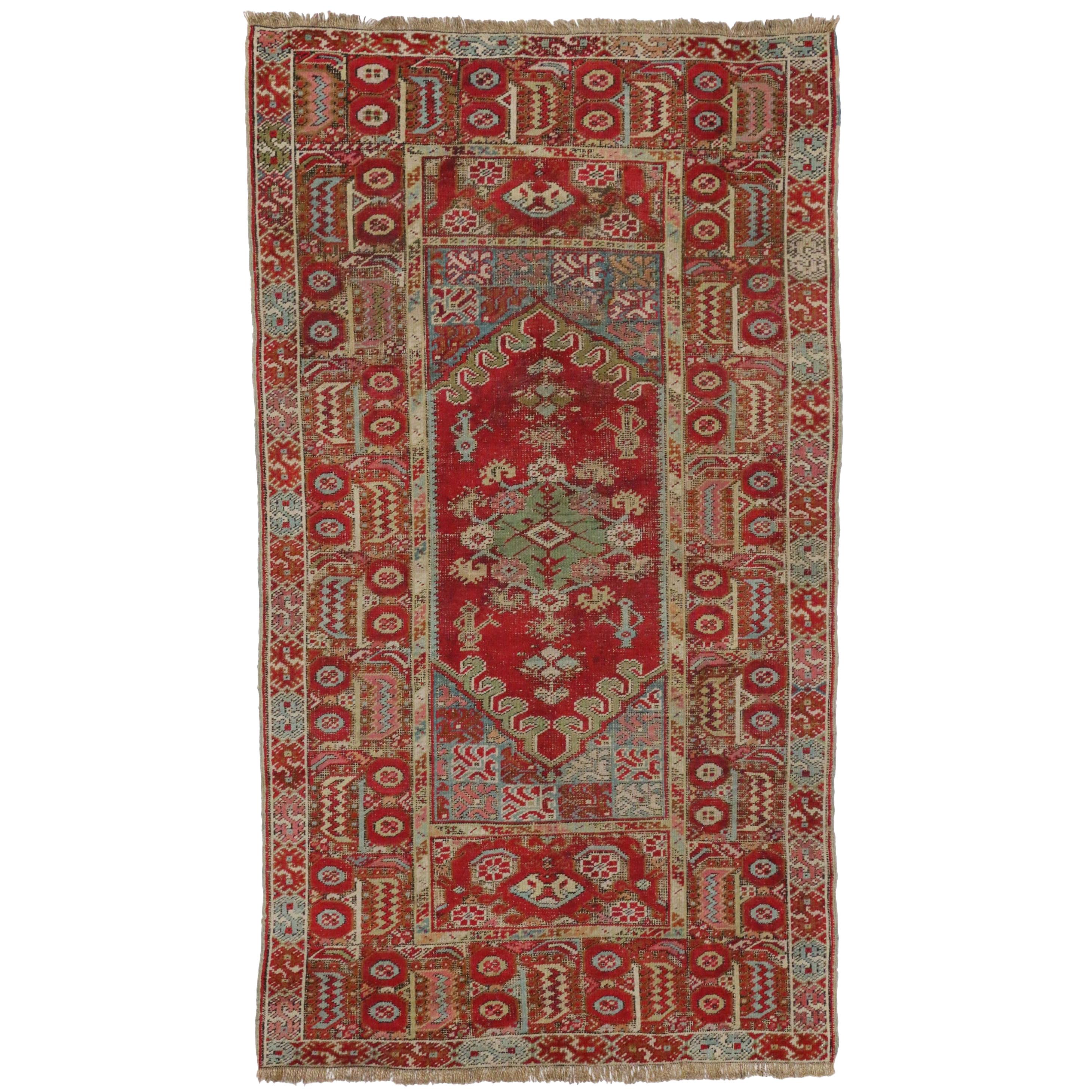 Distressed Vintage Turkish Oushak Accent Rug with Industrial Tribal Style For Sale