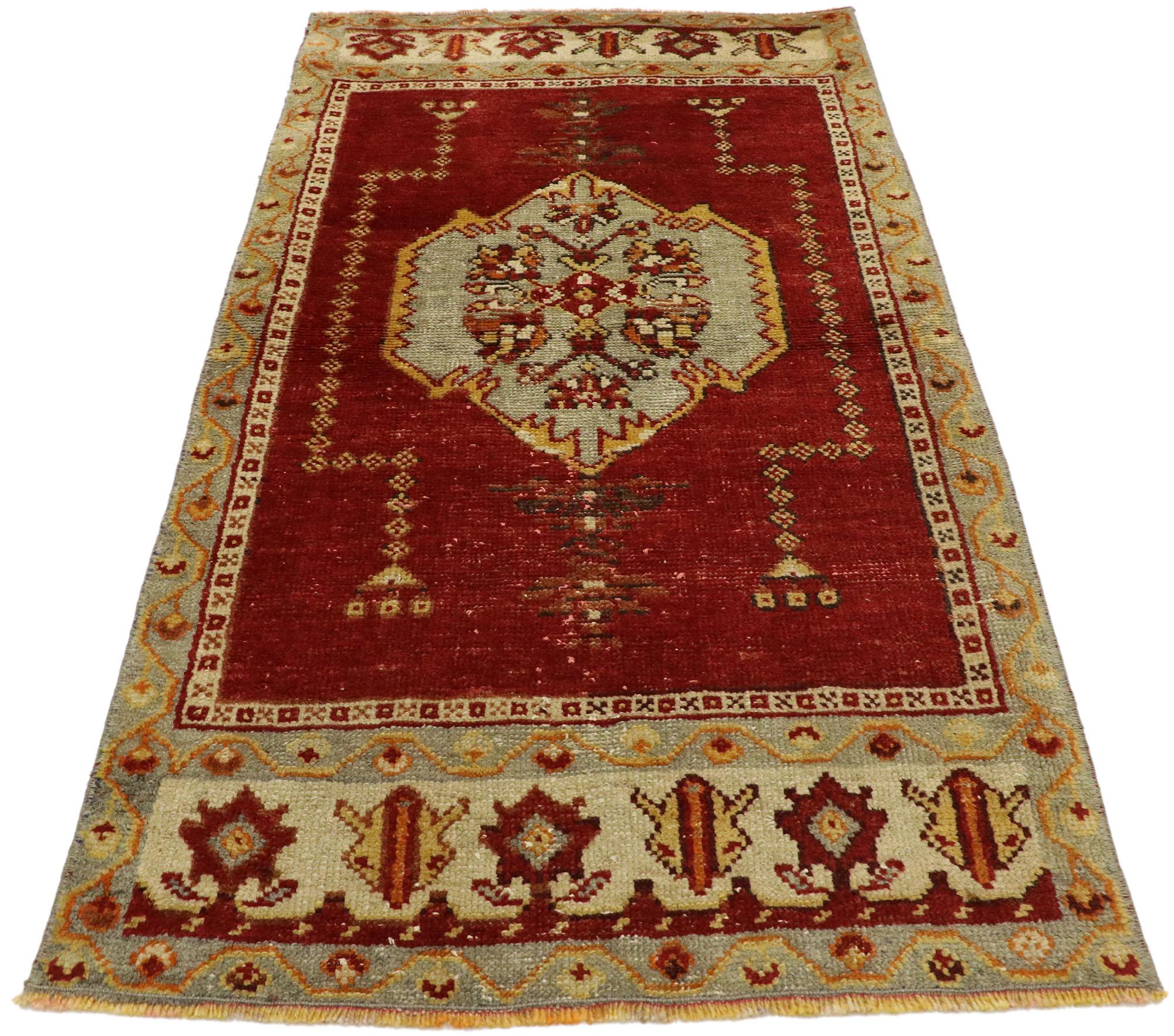 Hand-Knotted Distressed Vintage Turkish Oushak Accent Rug with Modern Jacobean Style