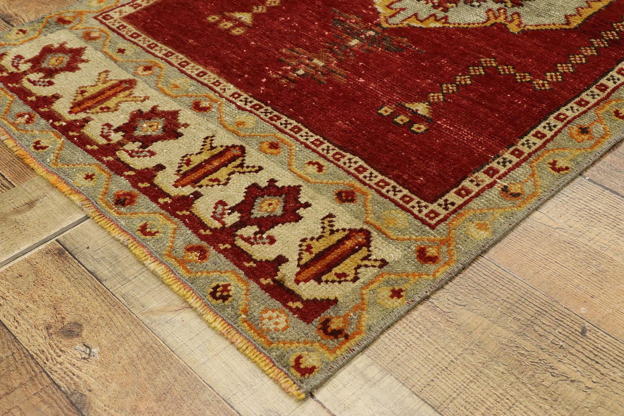 Wool Distressed Vintage Turkish Oushak Accent Rug with Modern Jacobean Style