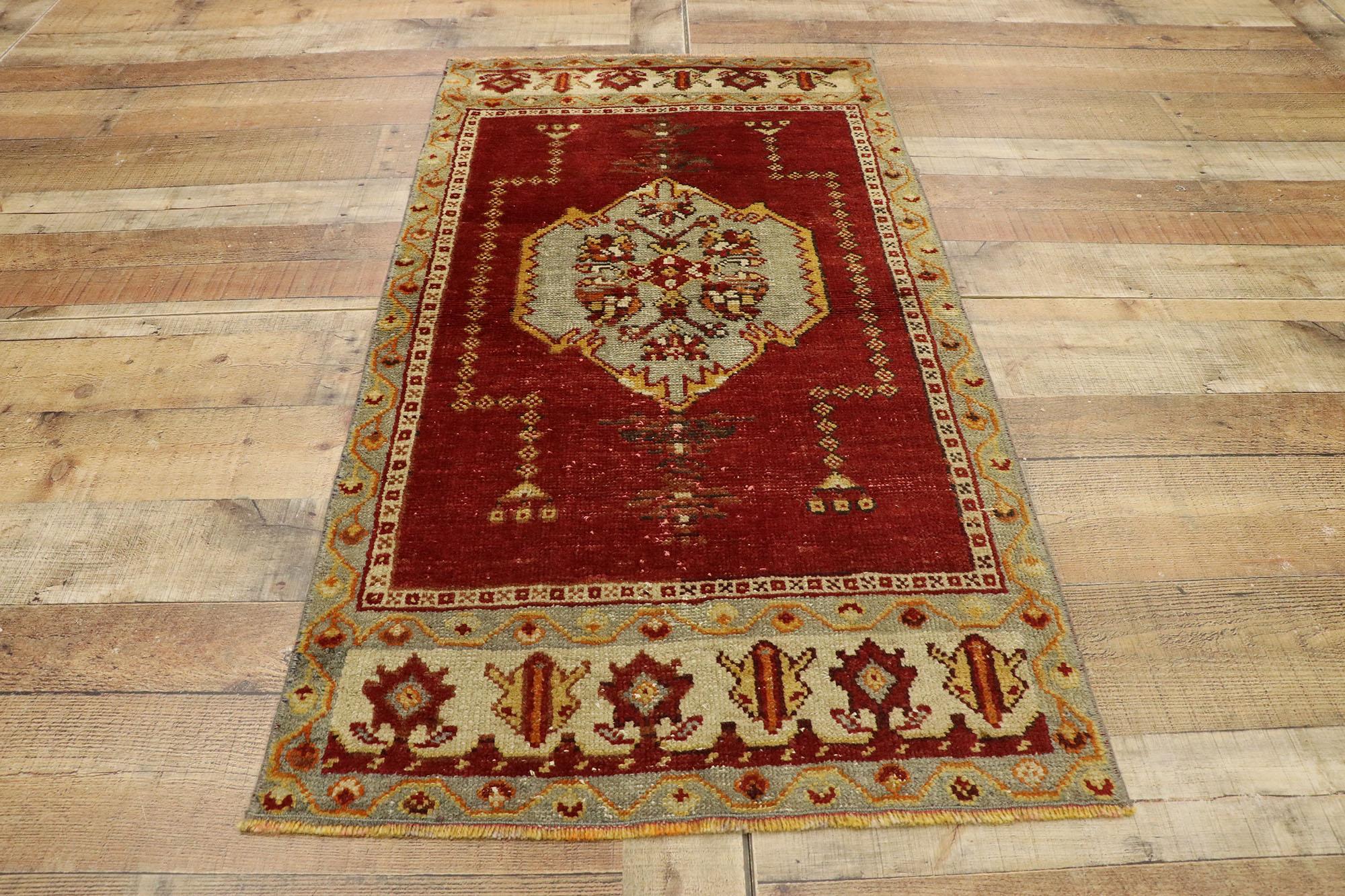 Distressed Vintage Turkish Oushak Accent Rug with Modern Jacobean Style 1