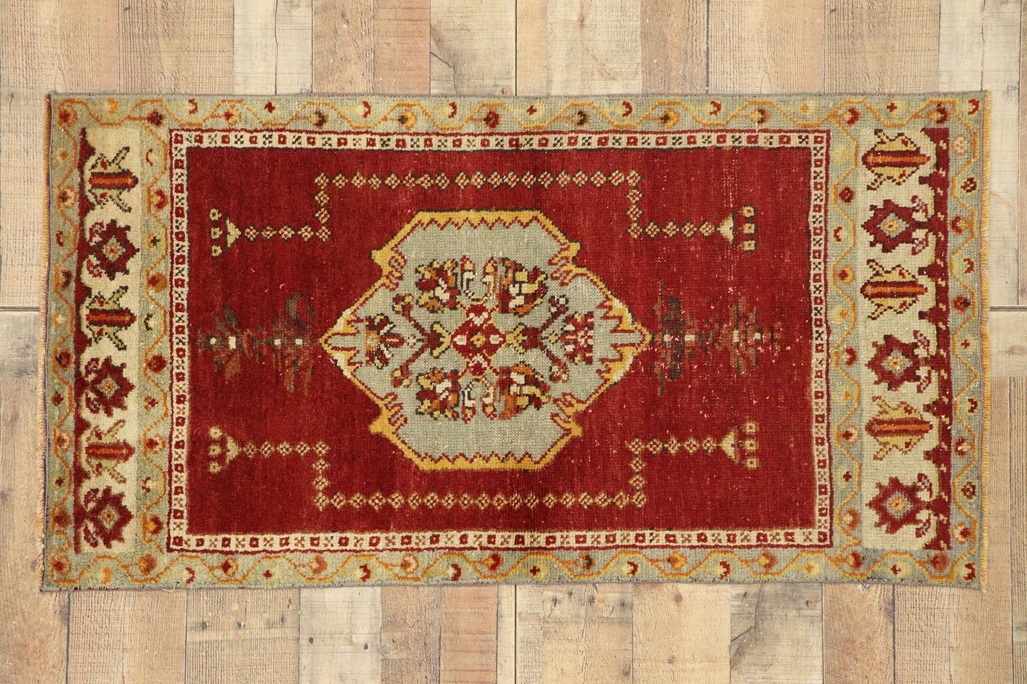 Distressed Vintage Turkish Oushak Accent Rug with Modern Jacobean Style 2