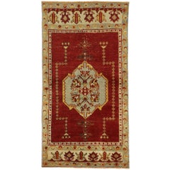Distressed Vintage Turkish Oushak Accent Rug with Modern Jacobean Style