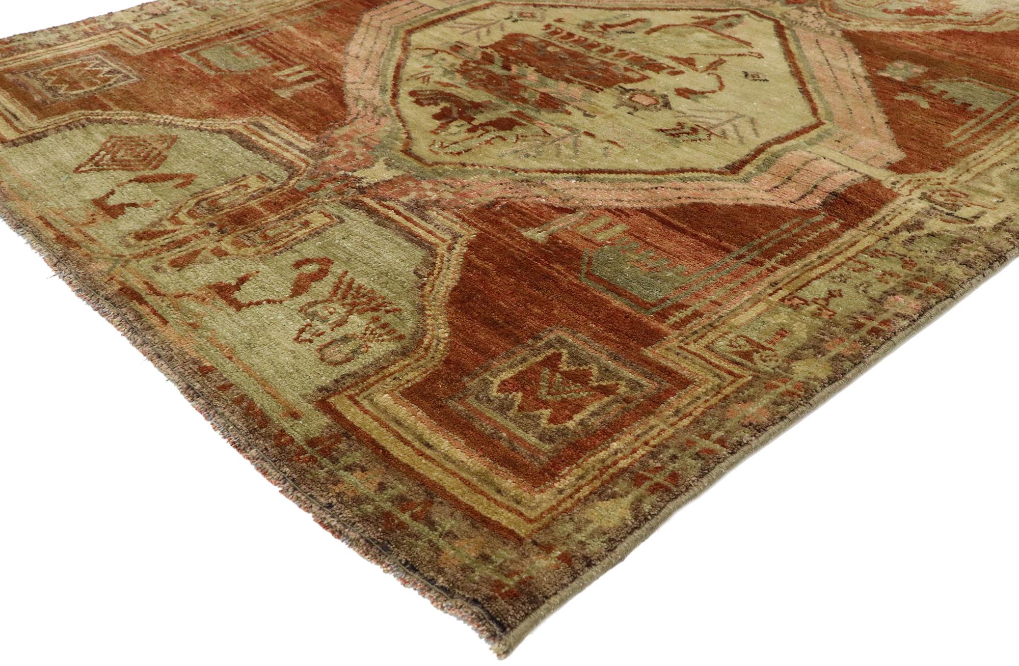 52104 Distressed Vintage Turkish Oushak Accent Rug with Modern Rustic Style 03'10 x 04'03. Warm and inviting, this hand-knotted wool distressed vintage Turkish Oushak rug beautifully embodies a modern rustic style. Immersed in Anatolian history and