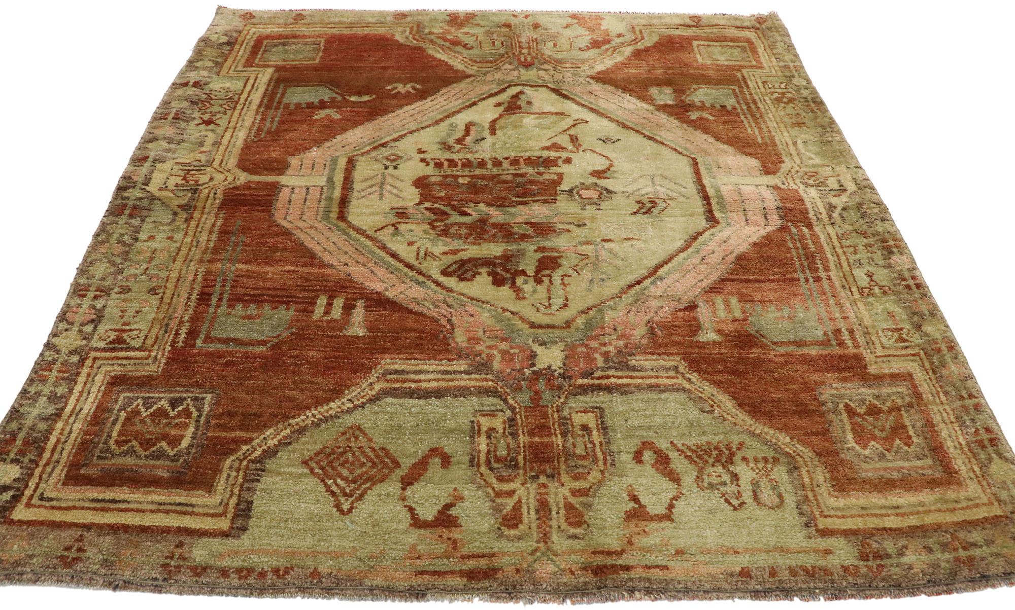 Distressed Vintage Turkish Oushak Accent Rug with Modern Rustic Style In Distressed Condition For Sale In Dallas, TX