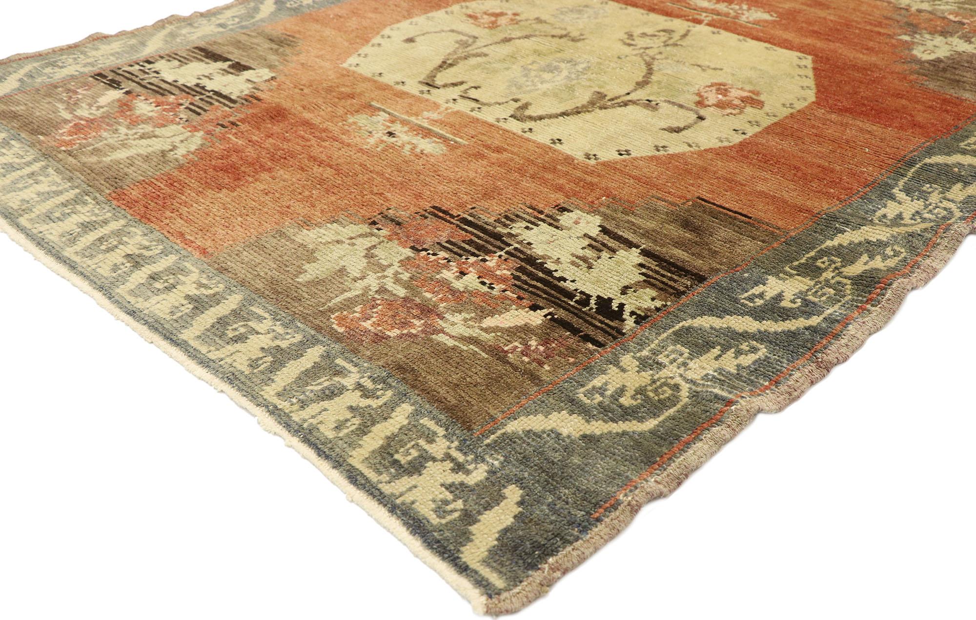 51132, distressed vintage Turkish Oushak Accent rug with rustic Farmhouse style 04'04 x 06'00. With its timeless design and rustic sensibility, this hand knotted wool vintage Turkish Oushak rug combines simplicity with sophistication. The abrashed