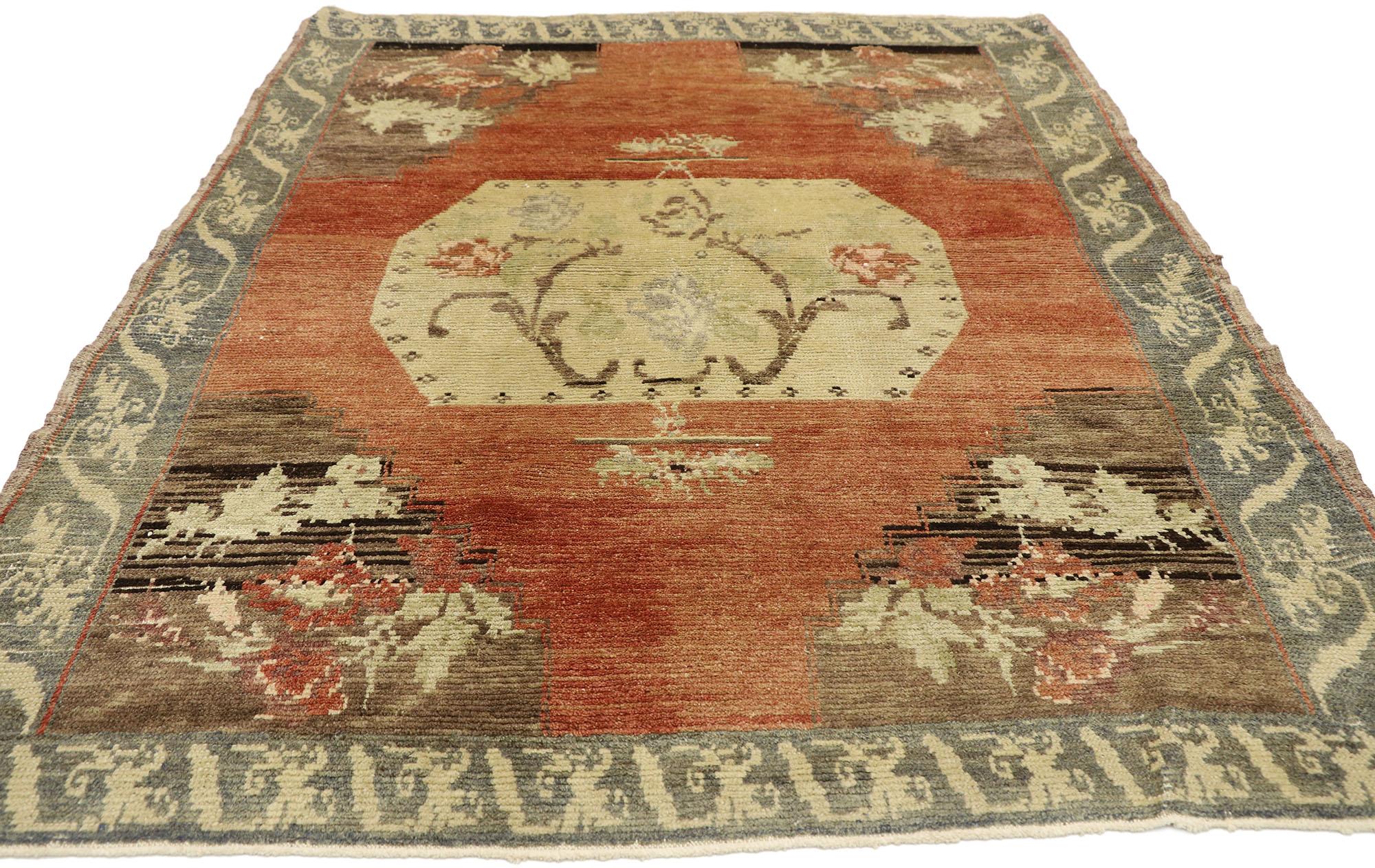 Hand-Knotted Distressed Vintage Turkish Oushak Accent Rug with Rustic Farmhouse Style