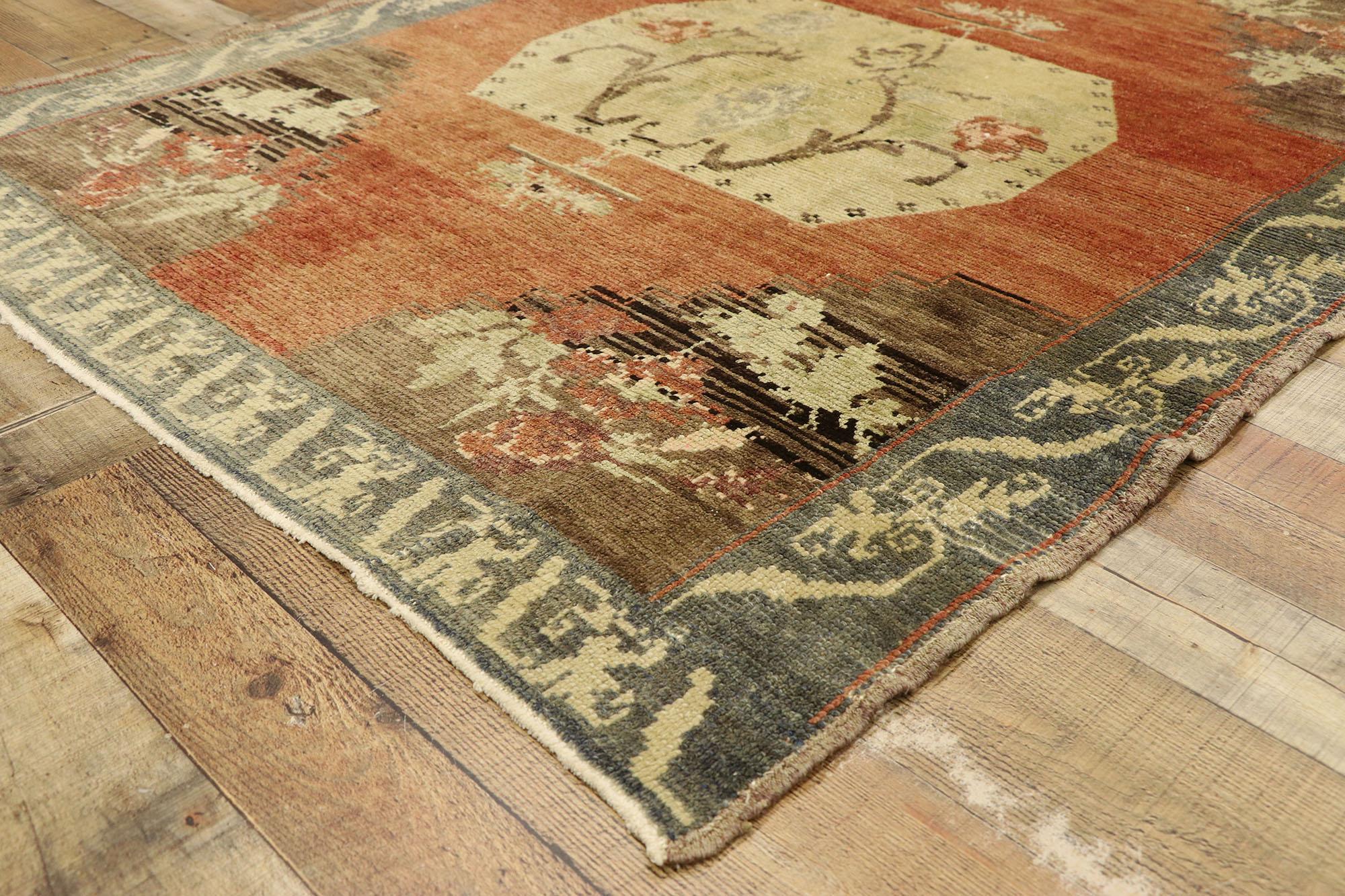 Wool Distressed Vintage Turkish Oushak Accent Rug with Rustic Farmhouse Style