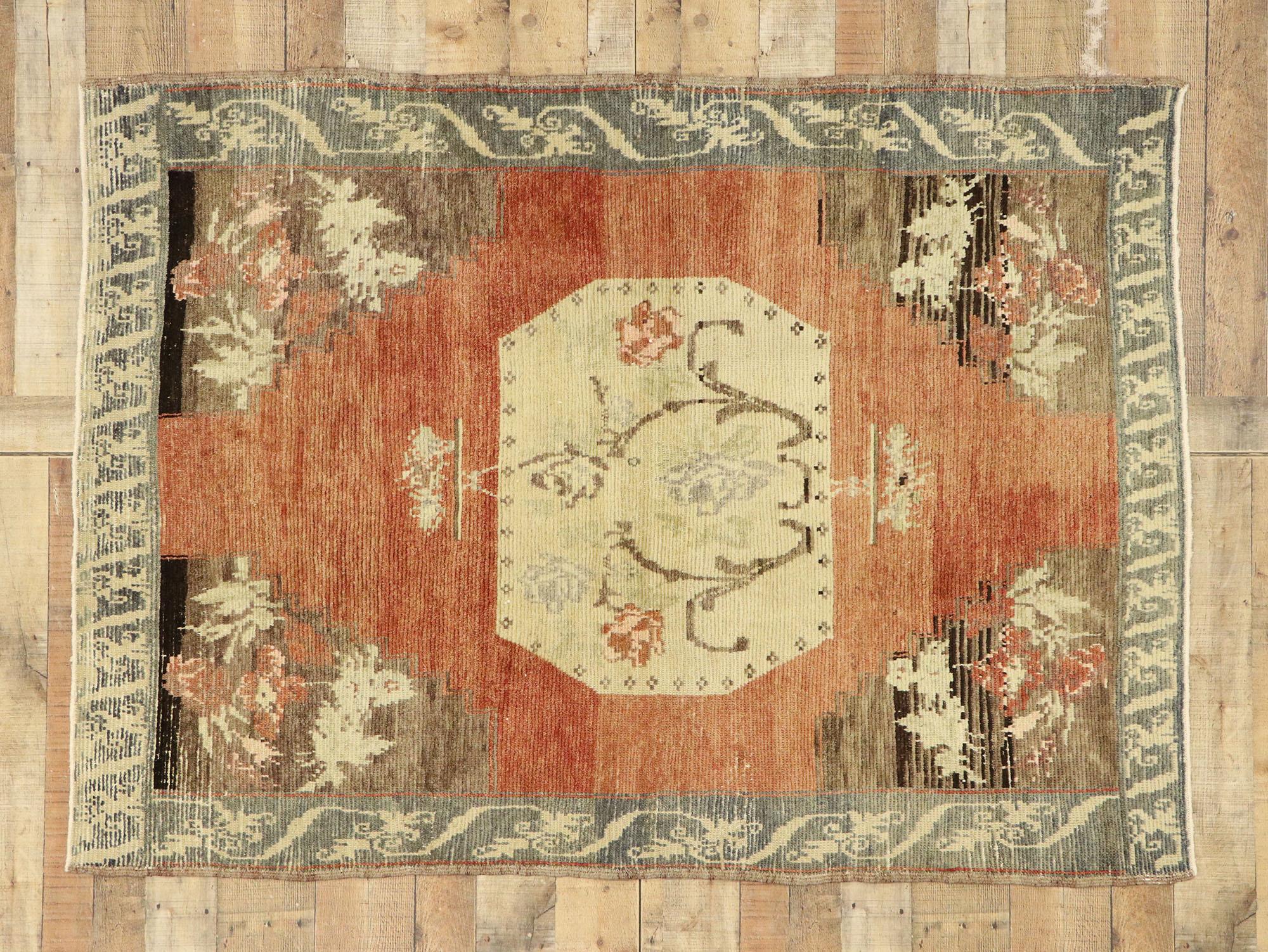 Distressed Vintage Turkish Oushak Accent Rug with Rustic Farmhouse Style 1