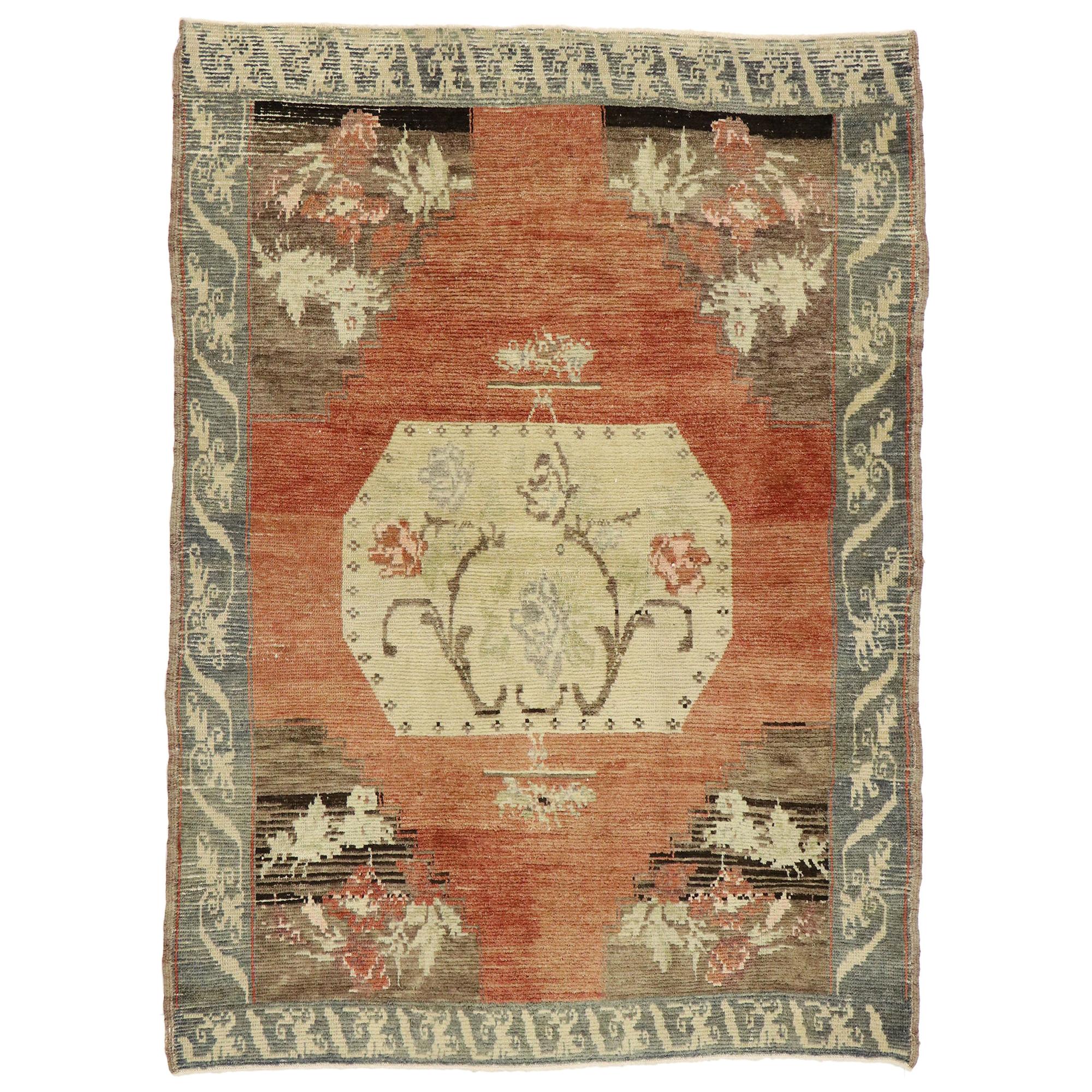 Distressed Vintage Turkish Oushak Accent Rug with Rustic Farmhouse Style