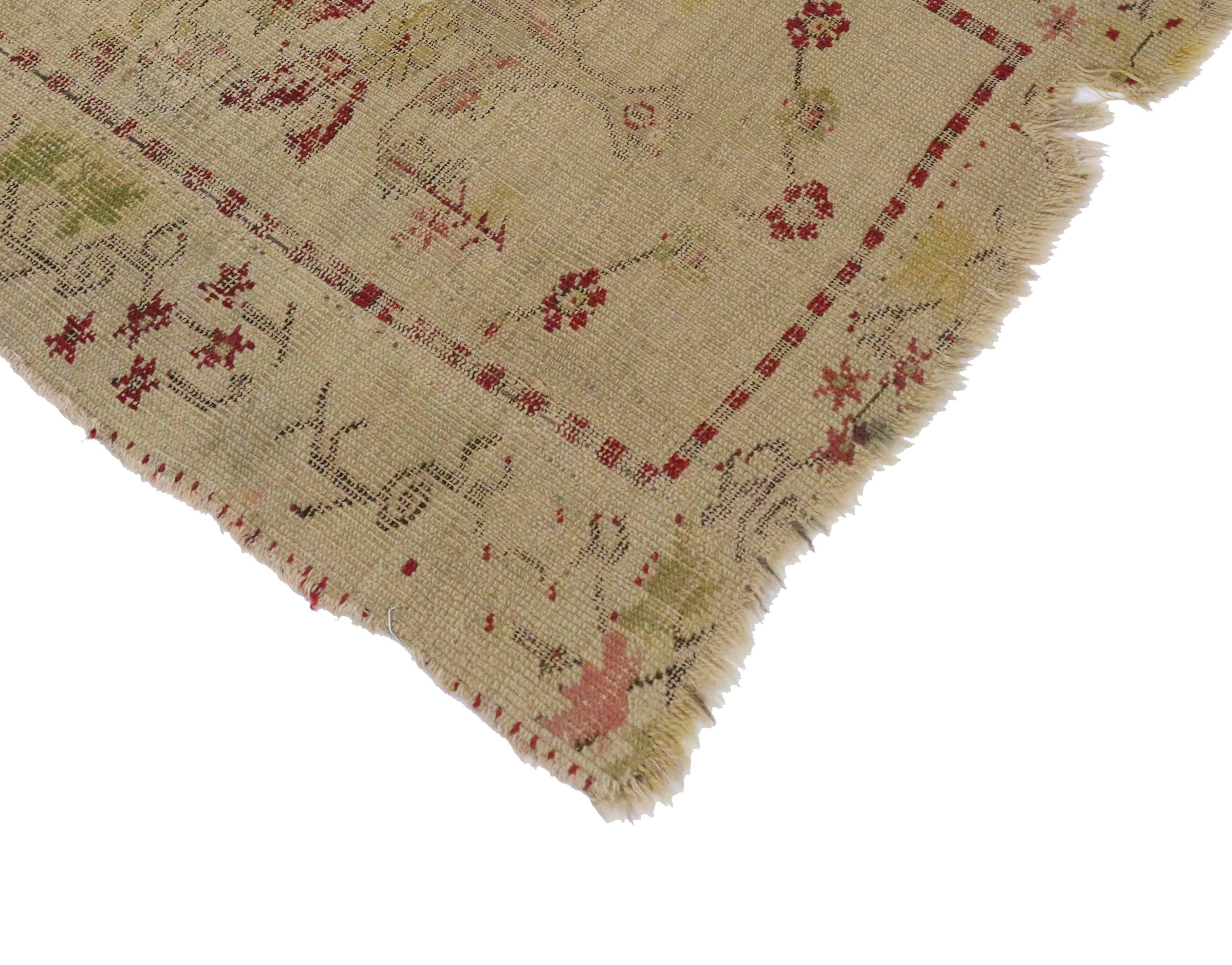 Hand-Knotted Distressed Vintage Turkish Oushak Accent Rug, Worn-In Farmhouse Chic For Sale