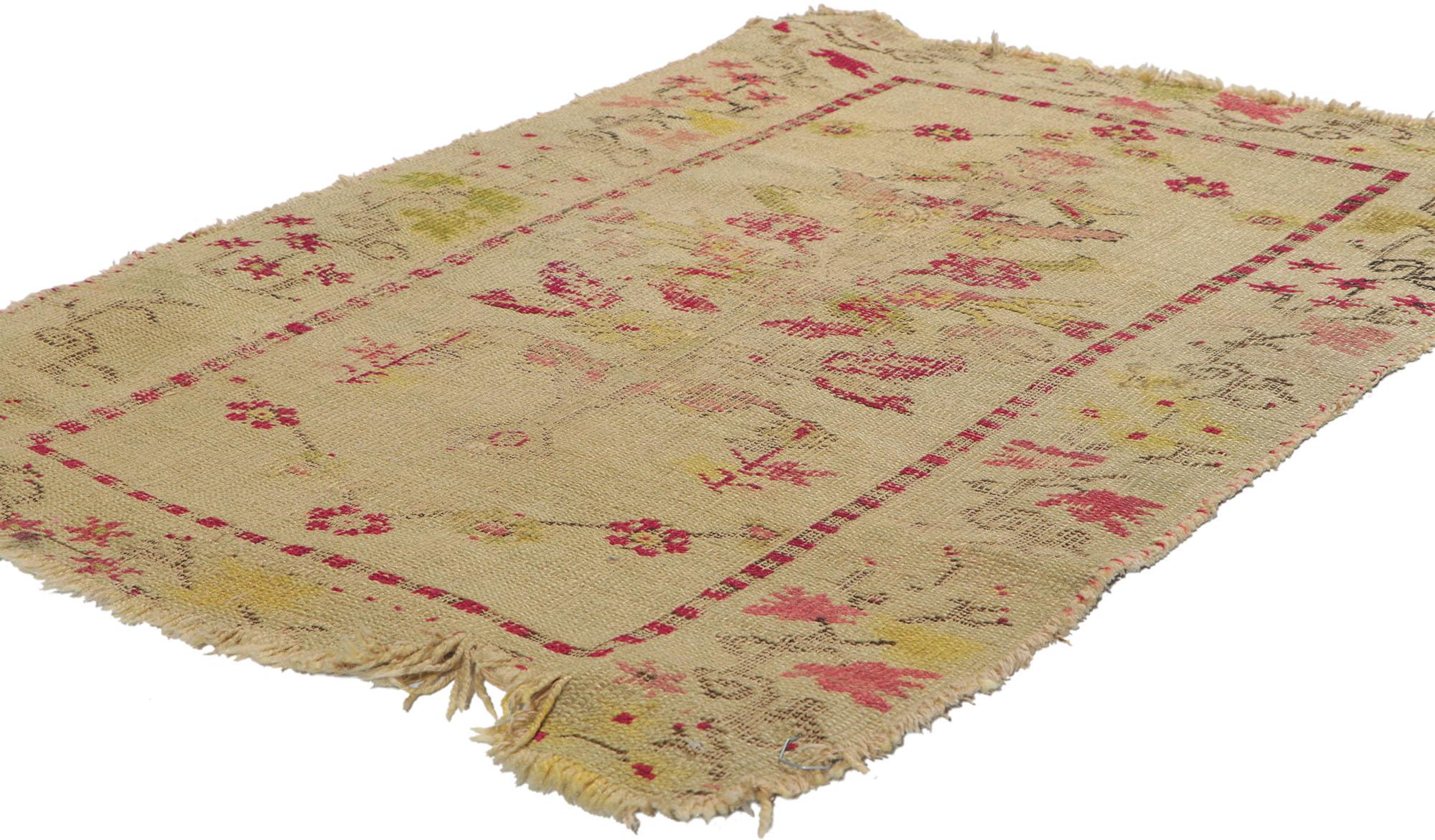 71041, distressed antique Turkish Oushak Accent rug. This perfectly worn-in distressed antique Turkish Oushak accent rug features stylized floral motifs on a neutral color foundation. A simple red guard band frames the center field enclosing the