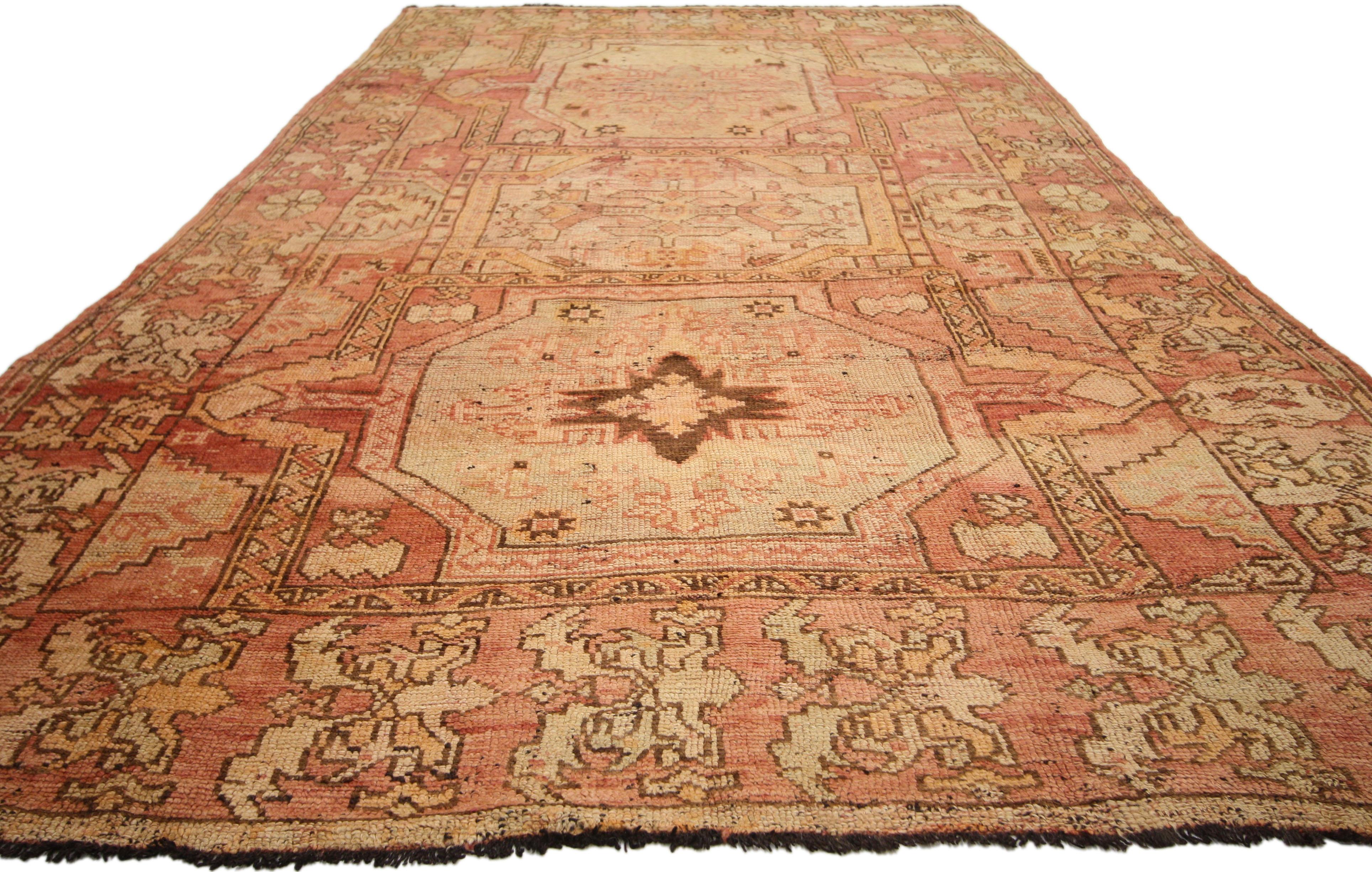Hand-Knotted Distressed Vintage Turkish Oushak Gallery Rug with Rustic Art Deco Style For Sale