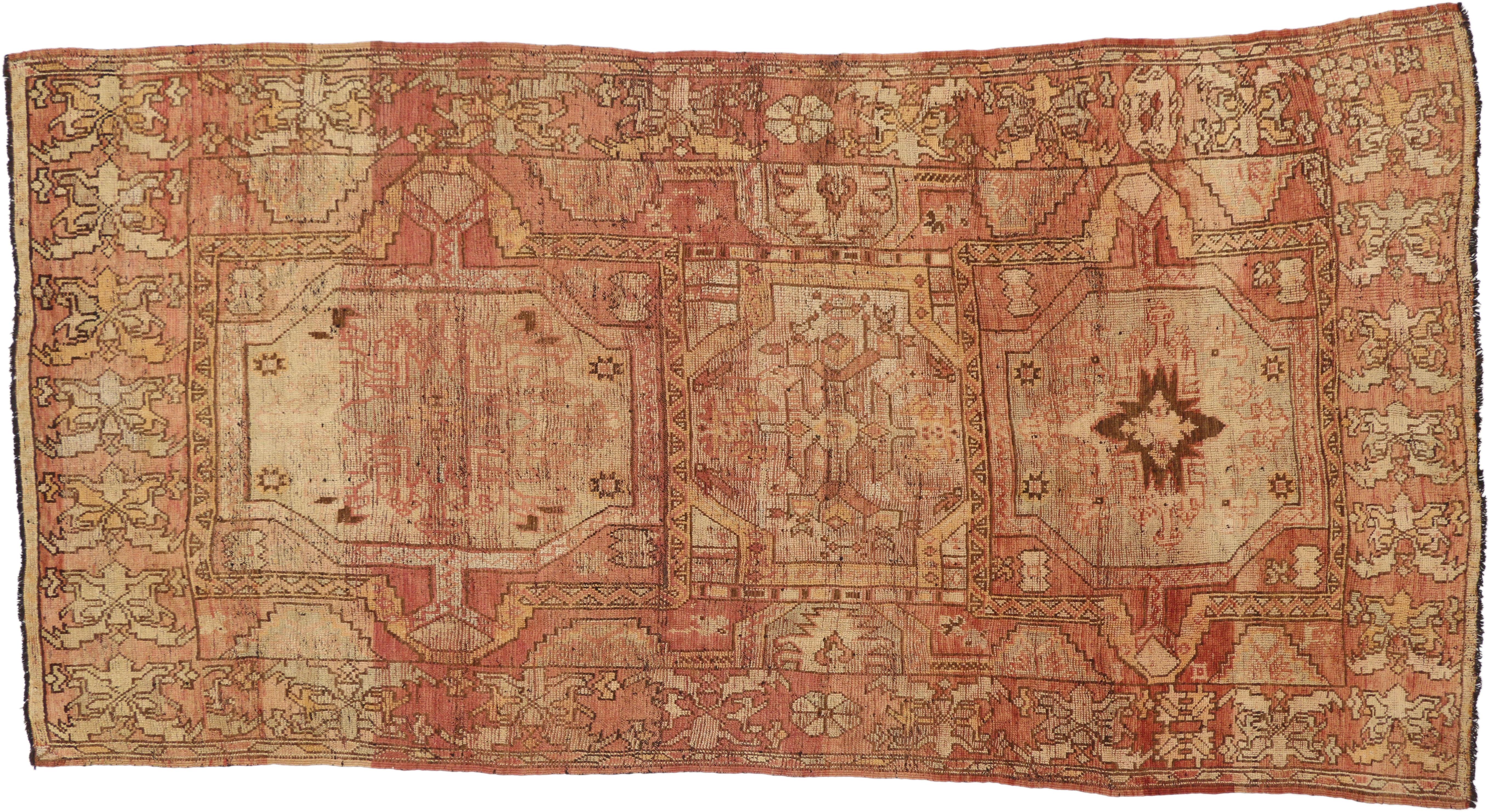 Wool Distressed Vintage Turkish Oushak Gallery Rug with Rustic Art Deco Style