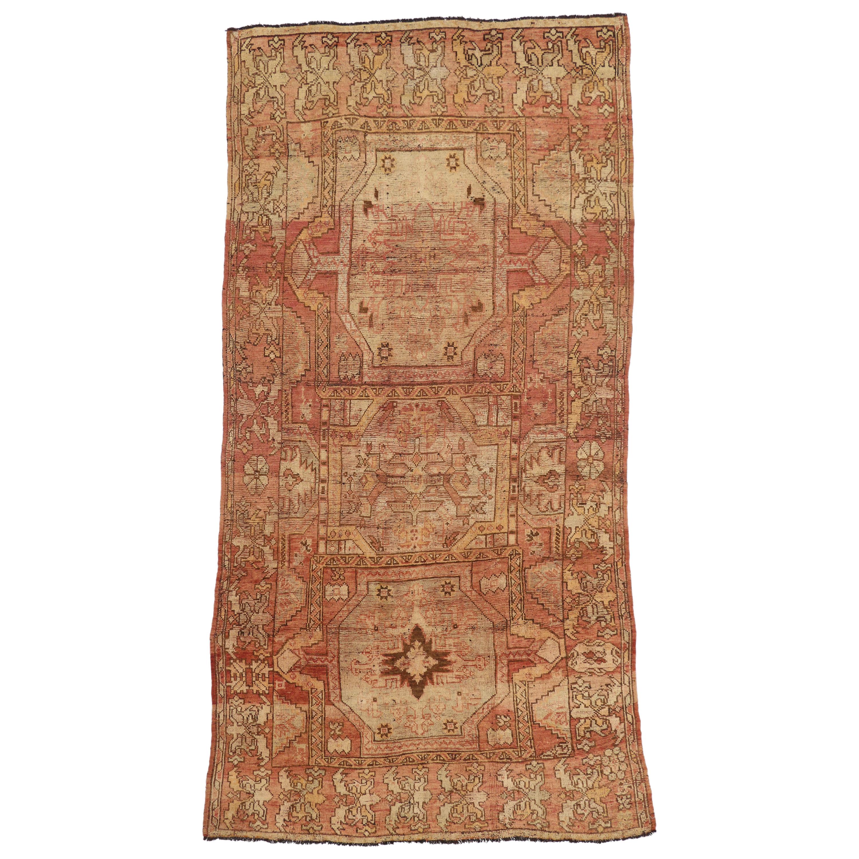Distressed Vintage Turkish Oushak Gallery Rug with Rustic Art Deco Style For Sale