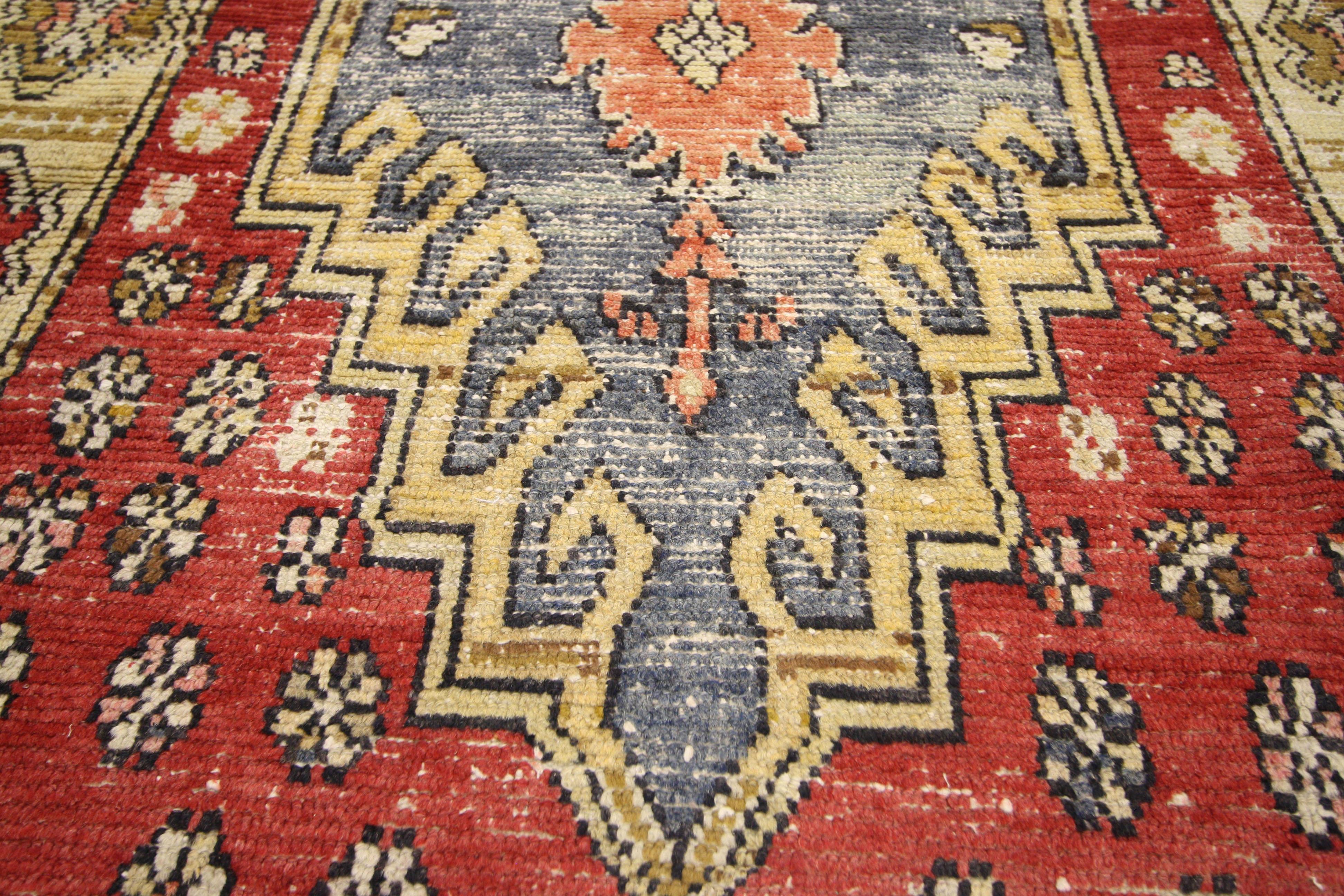 Hand-Knotted Distressed Vintage Turkish Oushak Hallway Runner with Arts & Crafts Style For Sale