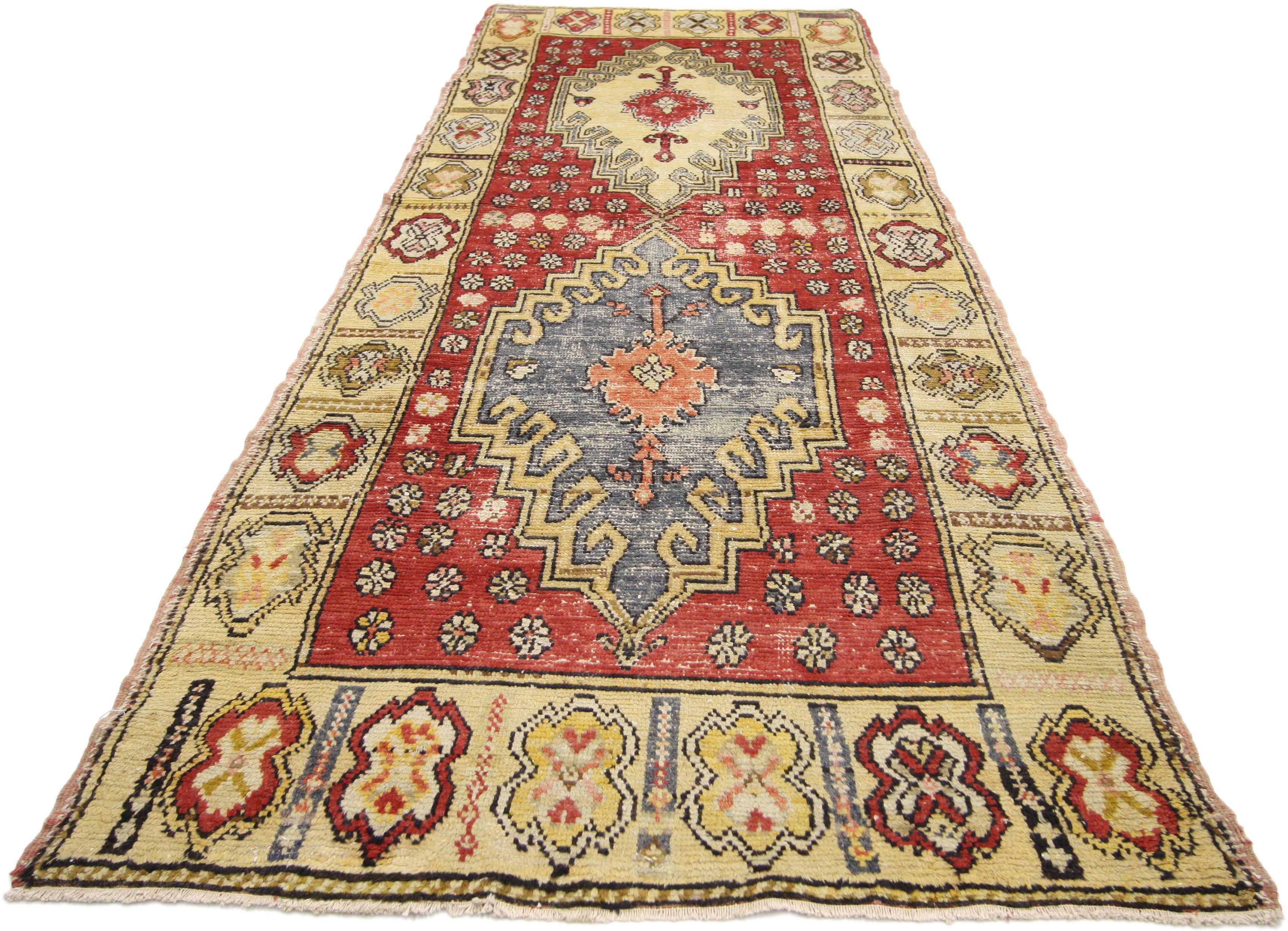 Distressed Vintage Turkish Oushak Hallway Runner with Arts & Crafts Style In Distressed Condition For Sale In Dallas, TX