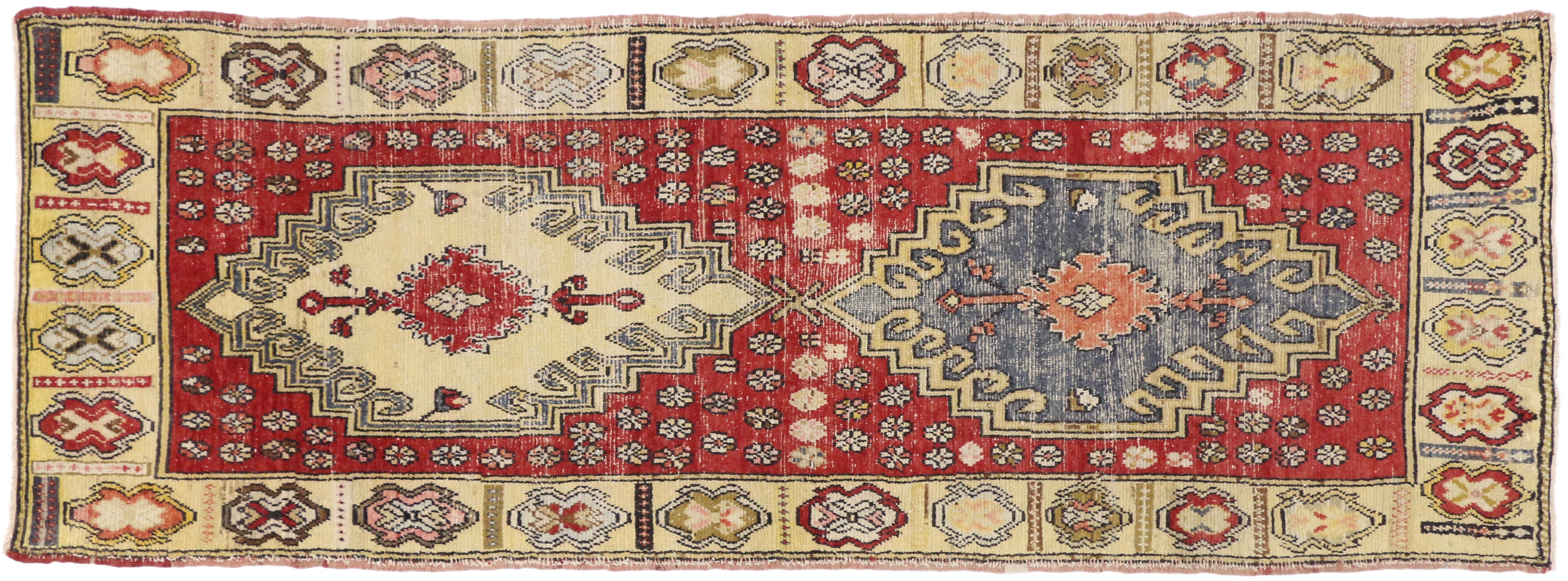 Wool Distressed Vintage Turkish Oushak Hallway Runner with Arts & Crafts Style For Sale