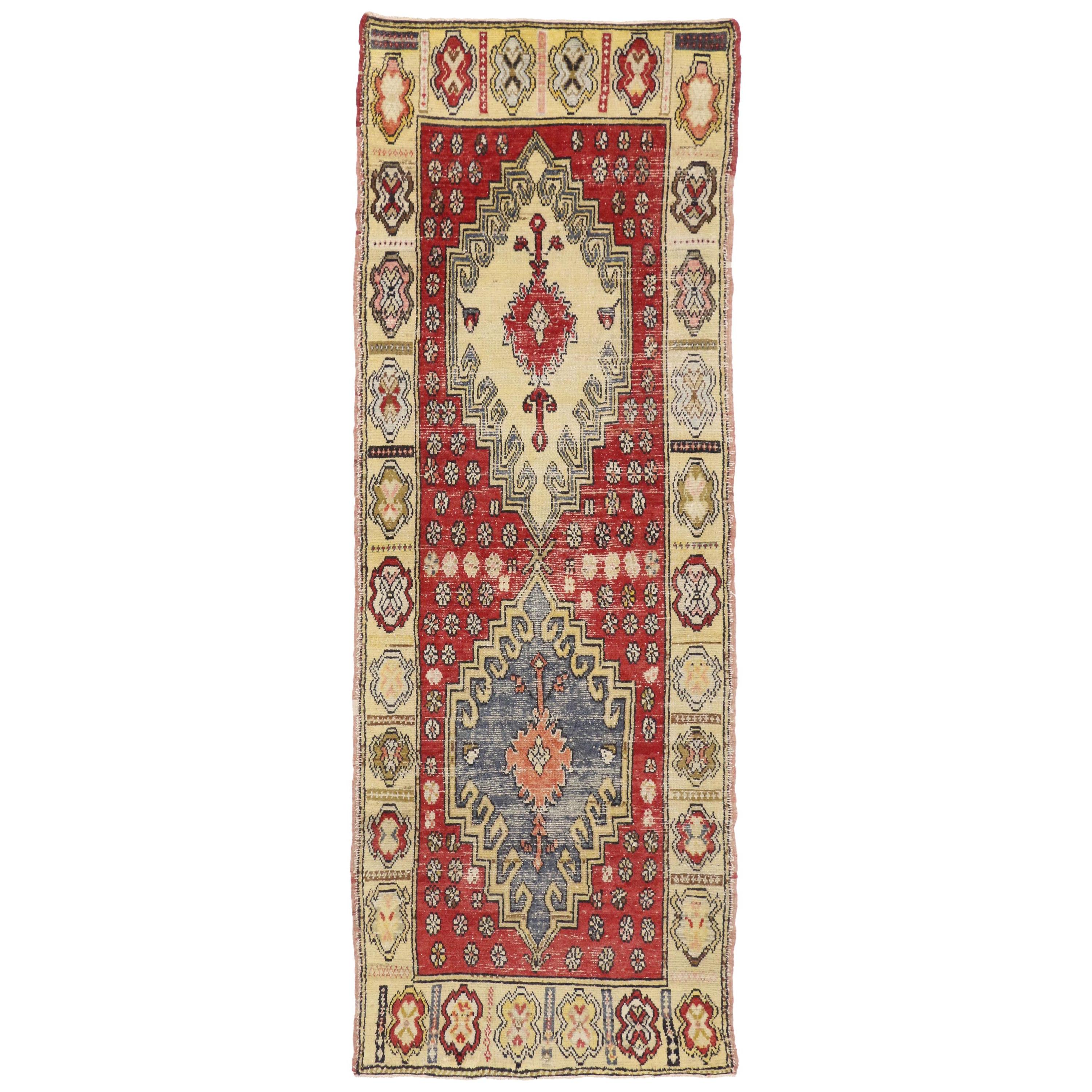 Distressed Vintage Turkish Oushak Hallway Runner with Arts & Crafts Style For Sale