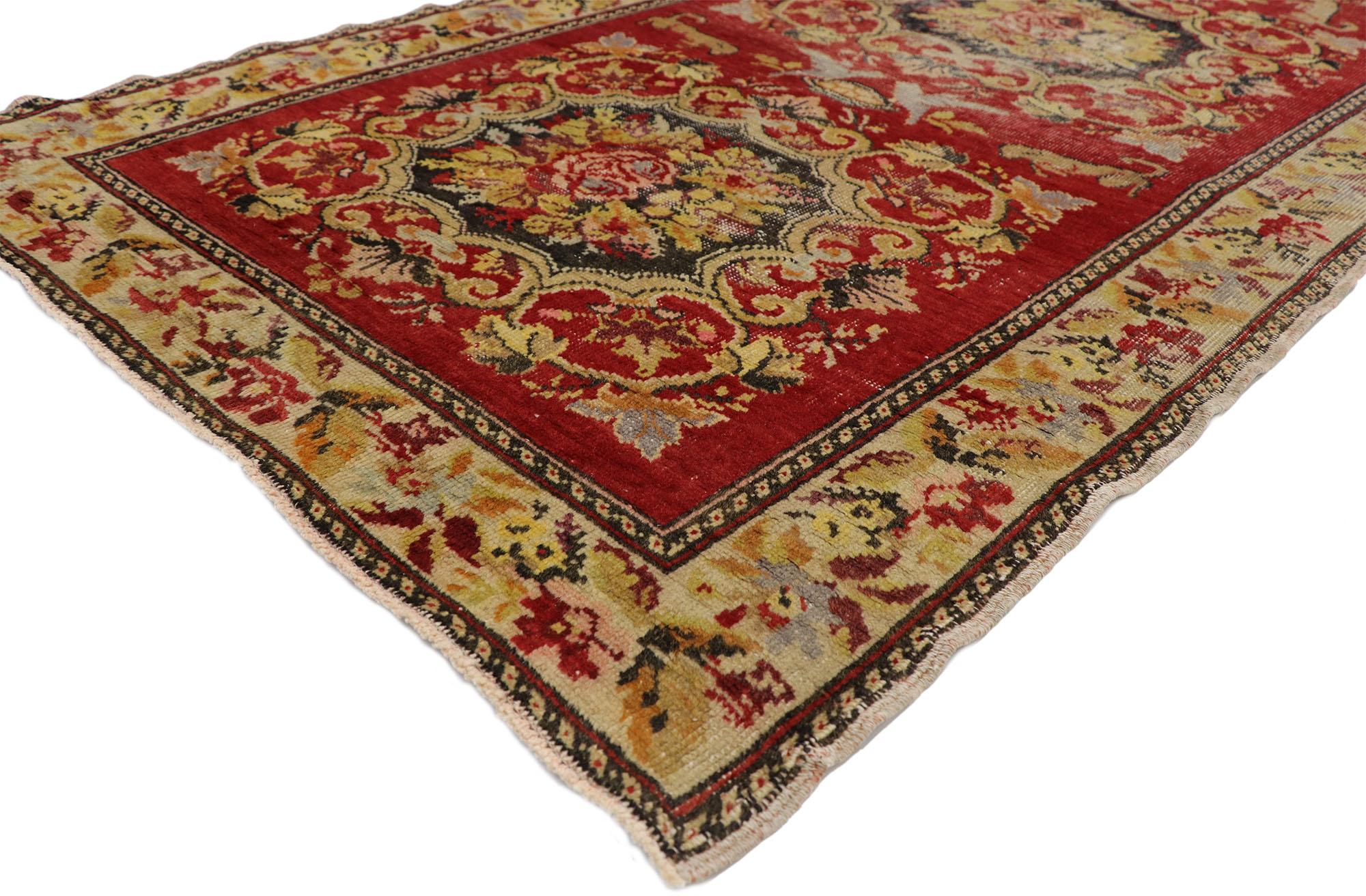 52067 Distressed Vintage Turkish Oushak Hallway Runner with Rustic Baroque Style. This hand knotted wool distressed vintage Turkish Oushak hallway runner features four rose bouquet medallions with acanthus scrolls. Each medallion is surround with an
