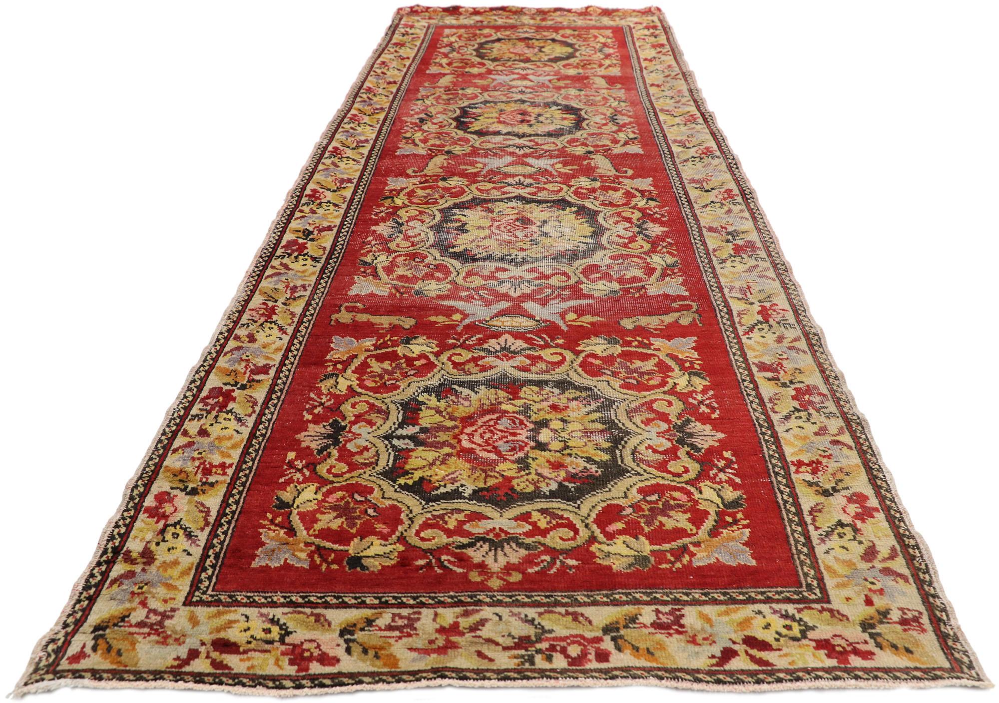 Hand-Knotted Distressed Vintage Turkish Oushak Hallway Runner with Rustic Baroque Style For Sale