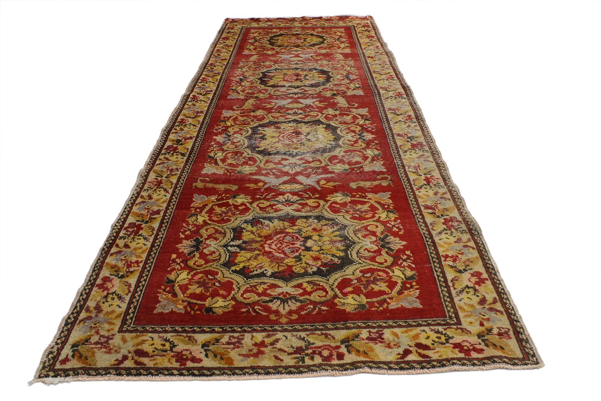 Distressed Vintage Turkish Oushak Hallway Runner with Rustic Baroque Style For Sale 5