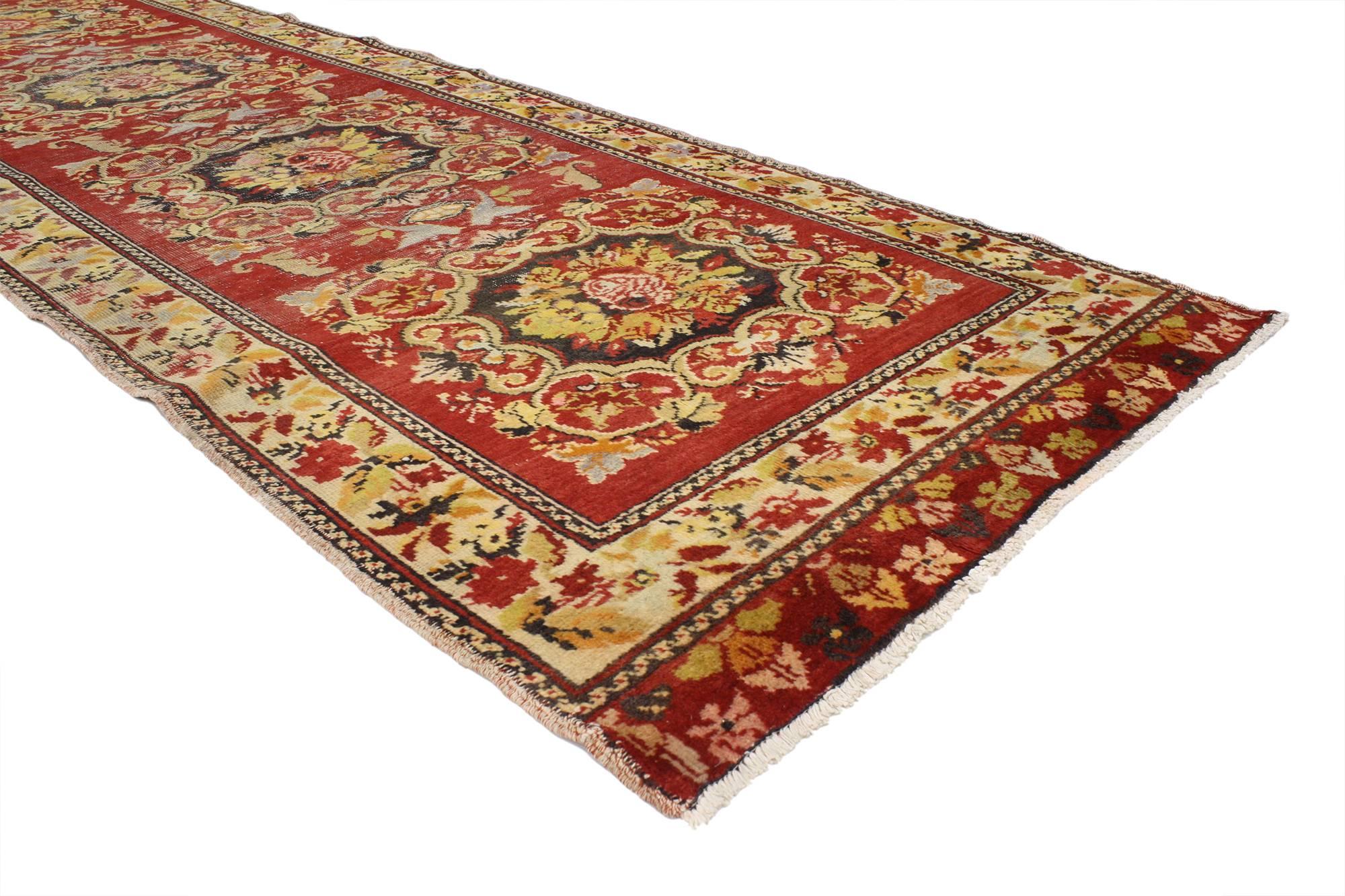 Distressed Vintage Turkish Oushak Hallway Runner with Rustic Baroque Style For Sale 4