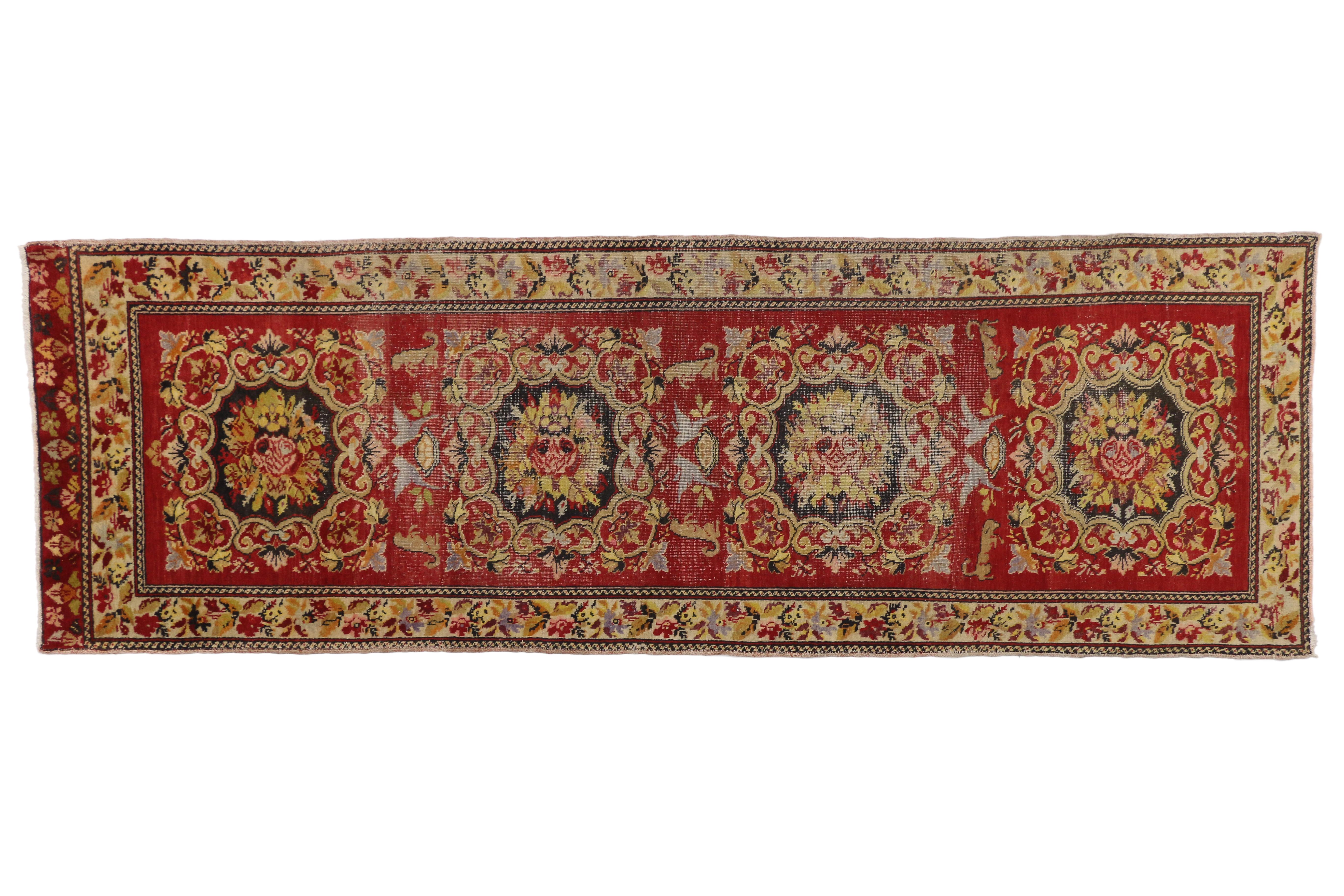 Distressed Vintage Turkish Oushak Hallway Runner with Rustic Baroque Style For Sale 6